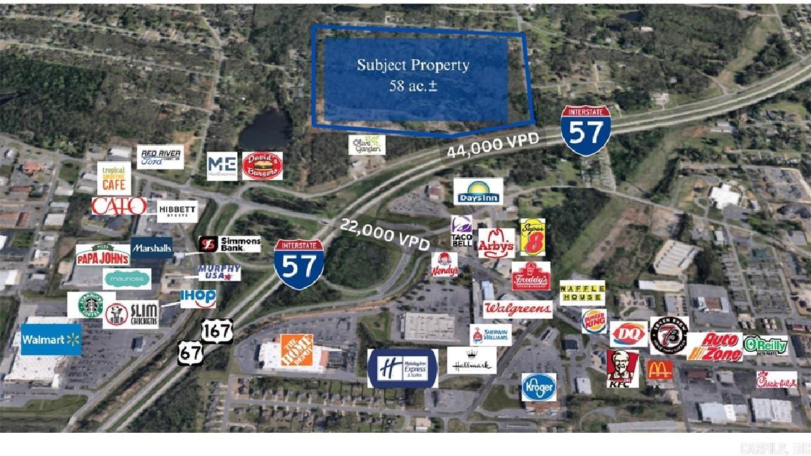RARE OPPORTUNITY! 58.1 acres with high visibility and Interstate 57 frontage (formerly Hwy 67/167). This development opportunity is in an area of explosive community & commercial growth, adjacent to the newly constructed Olive Garden. With an estimated daily traffic count of 44,000, this property is ready for a Planned Development (commercial/mixed-use), big box retail shopping, and anything in between. City utilities available. Currently Zoned R-1 but should easily be rezoned based on proposed use.