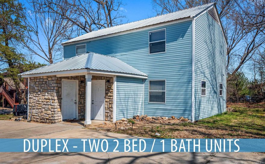 Excellent investment opportunity in Mountain Home! Well-maintained, income-producing duplex located within Mountain Home city limits. Each unit offers 2 bedrooms and 1 bath upstairs, with a spacious main level featuring a living area, kitchen, dining space, large laundry area, and access to a back patio. Exterior is low maintenance with vinyl and stone siding and a metal roof. Six off-street parking spaces provide ample tenant parking. Both units are currently rented. Unit B features new HVAC and flooring, while Unit A offers hardwood flooring.