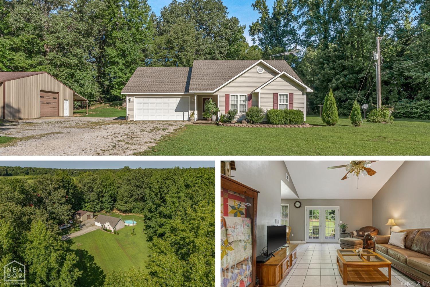 Don't miss this rare property that offers 1.88 acres of secluded land in Brookland, ideal for those who value privacy and country living. The house has three bedrooms and two bathrooms, and it's been well maintained, including a new roof in 2023. There's also a 24x30 shop on the property, which is perfect for extra storage or a workspace. An above-ground pool is a great addition for enjoying the hot Arkansas summers. Despite the quiet, private setting, the location is convenient, with the nearest Walmart in Paragould and Jonesboro's Hilltop area both less than 10 minutes away. This property offers a blend of country living with easy access to nearby amenities. Schedule your appointment today!