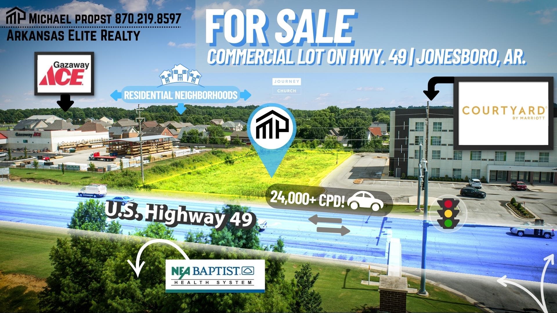 This prime development site is located in the booming Hilltop area of Jonesboro, Arkansas with approximately 113 feet +/- of frontage of the Highway 49 N. travel corridor. Last measured ADT is approximately 24,000 vehicles per day! Directly across from the new NEA Baptist Medical Systems Campus at Hilltop and adjacent to the new Courtyard by Merriott at a signalized intersection, this .77 acre parcel is perfect for most commercial projects since it is zoned C-3. Several other national brands and amenities are in close proximity as well, including Arkansas State University, multiple banks, churches, restaurants (including QSR), and many others!