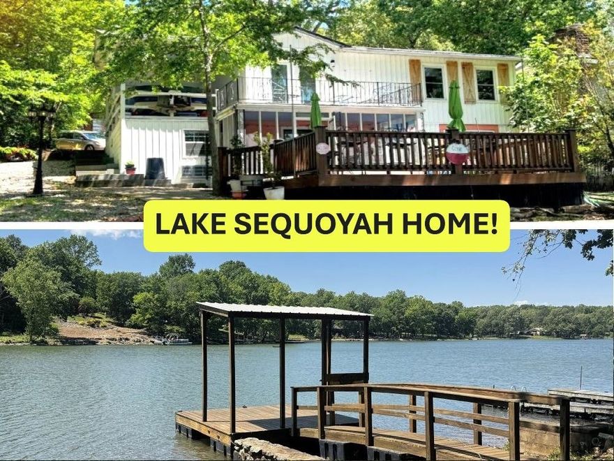 LAKE SEQUOYAH HOME Updated 3 bdrm, 2 bath Offered furnished! (firepit & chairs do not convey). Great lake property, metal roof, 2 bdrms , 1 full bath & flex room going out to balcony upstairs. Primary bedroom enjoys lake views! Main level easy care wood look tile. Downstairs a 1 bdrm (no closet) family rm, kitchen & dining, 3/4 bath, laundry, plus extra storage. Screened porch! Great back deck with hand stamped concrete path going down to lake. Cute storage bldg, nice partially covered Boat Dock! Sea Wall! Attached carport - Board & batten look vinyl siding, lots of plants & flowers - Extra parking (concrete). Lots to love - ready to move-in!! Just $308,000. #2429