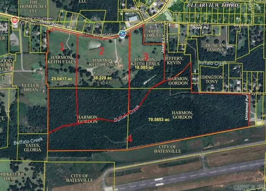 Selling ALL or in separate parcels. All in Price $1,906,255  Individually: Parcel 1 includes 25.04+/- acres and 1826 sq.ft. house $404,300,  Parcel 2 includes 38.3+/- acres and 2033 sq.ft. house $675,730, Parcel 3  includes 18.09+/- acres $226,125, Parcel 4 includes 70.6+/- acres of beautiful  timberland with creek $600,100. All of the parcels are served by municipal water  and electricity and are strategically located for personal use or for development.  GO TO WWW.HARMONMEADOWS.COM FOR ADDL. PICTURES AND INFO