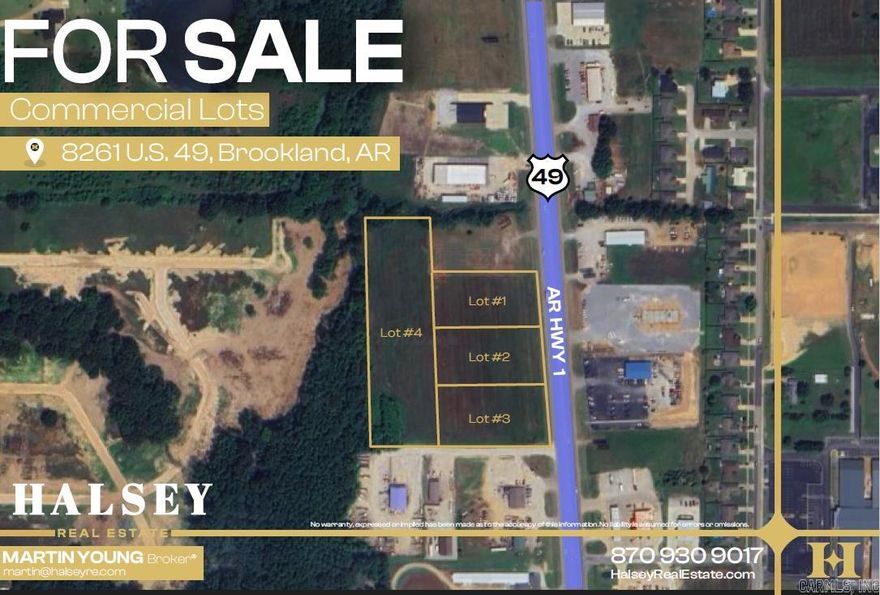 Beautiful commercial lots ranging in size from 1.3 to 4.5 acres. Road frontage on U. S. 49, located in the hottest developing are in Northeast Arkansas. This level property is Zoned Commercial and has all city utilities in place, including Sewer. Sporting substantial frontage on U.S. 49. Located near Harps Grocery, Brookland Schools, Citgo, Dollar Tree, NEA Baptist Clinic, as well as many other businesses. Make your plans to locate your business in the center of the Commercial District in Brookland, AR. Owner offering to provide Build To Suit for credit level retailers. Lot 2 is 1.3 acres priced at $12 psf. Lot 3, on the corner, is 1.49 acres priced at $14 psf. Lot 4, in the back is a 4.5 acre tract priced at $8 psf.