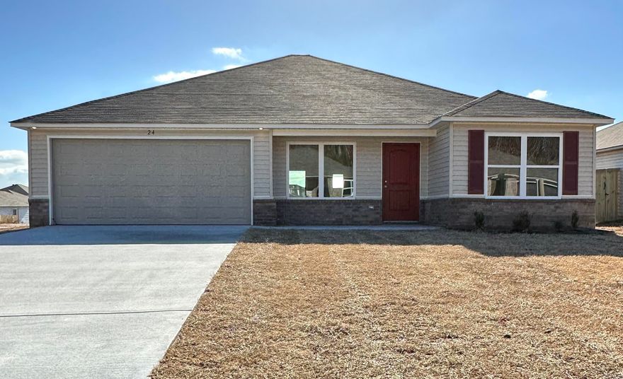 Carnegie II plan  Upgrades in this home: added Louvered shutter pair, 14x7 uncovered patio, plumbing faucet upgrade 2, 50 gallon water heater, door bell, refrigerator cabinet, crown on Kitchen cabinets, full width single vanity cabinet stack in Master Bath, 16" laminate bar top in Kitchen, arched openings, raised ceilings in Living Areas per municipal requirements, Cheyenne style interior doors, back door half lite with blinds enclosed, baseboards level 2, window sills in Living Areas and Master Bedroom, LED disk light over Master Bath tub, full sod, stainless steel appliance package.