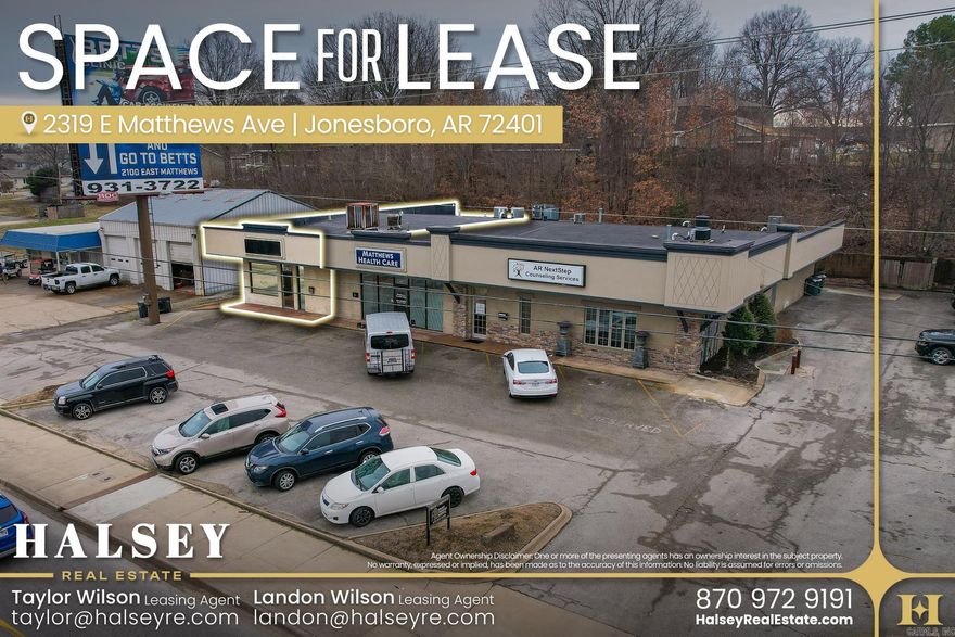 This 2,400 SF space offers a prime location between Caraway Road and Red Wolf Boulevard, two of Jonesboro's busiest thoroughfares, providing excellent visibility and strong traffic exposure. The layout features an open retail area, four private offices, and a kitchen/break area, delivering flexibility for a variety of users. Positioned near the Matthews Medical Mile and Arkansas State University, the property sits within a thriving corridor of healthcare, education, and retail activity. With a 0.65-acre lot and ample on-site parking, the site is ideal for retail, medical, or professional office use.