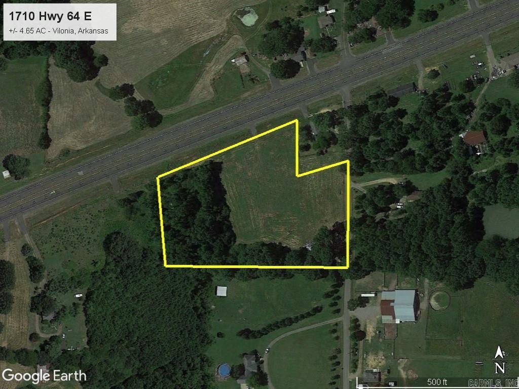 Nice vacant property with high visibility near Vilonia. This +/- 4.65 acre tract has +/- 475 feet of Hwy 64 frontage and an additional +/- 330 feet of frontage on Center Point School Rd. Property is partially cleared and can facilitate a wide range of uses.