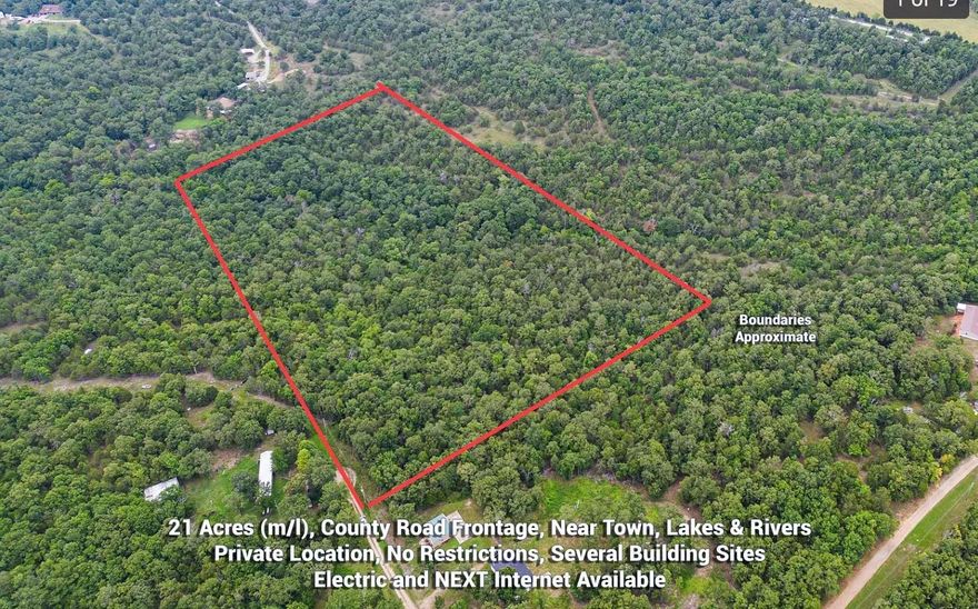 21 acres (m/l) private, county road frontage, level to rolling, unrestricted, near town, lakes and rivers. Several building sites, electric and NEXT fiber broadband internet available. Perfect for walk-out basement style home, log cabin, ranch style home, manufactured or mobile home or RV. Great hunting with abundant wildlife. Build your dream home, vacation & week-end get-away or fishing/hunting cabin. Less than 10 miles to shopping, restaurants, businesses and medical. Mountain Home Schools." Estimated address, final address to be determined by 911."