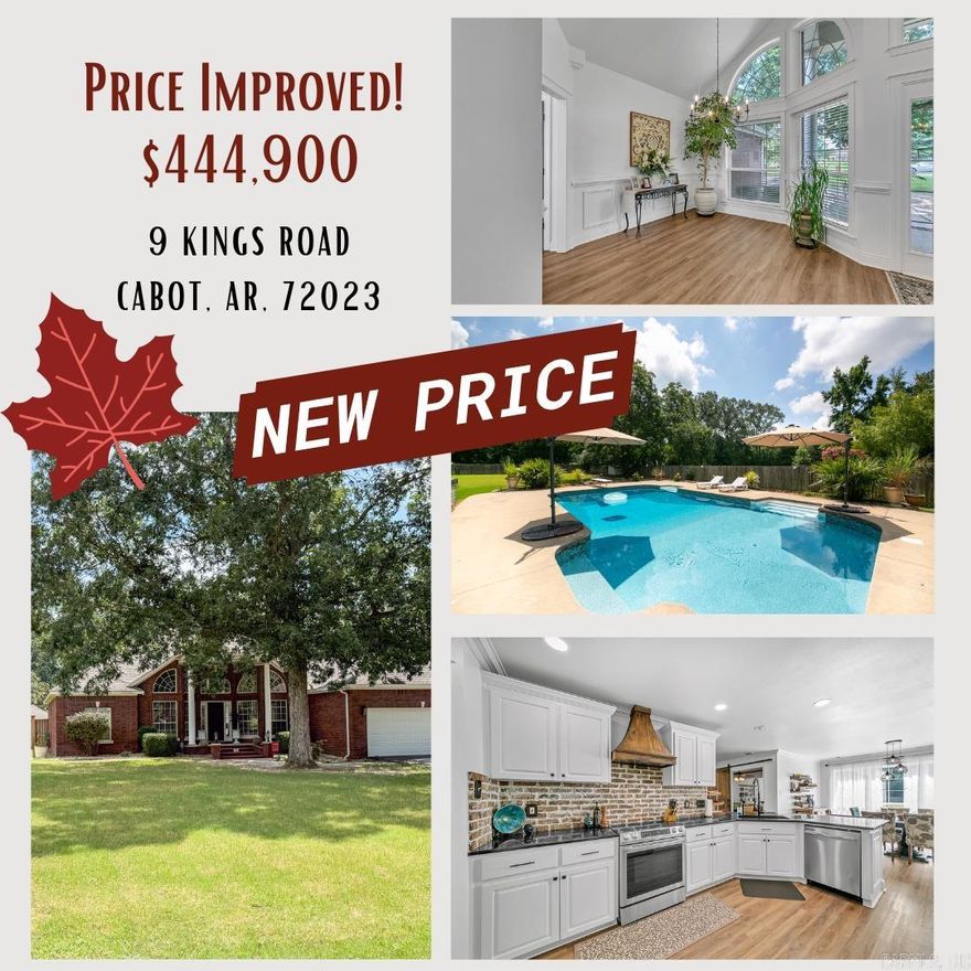 Welcome to 9 Kings Road, Cabot, AR, a beautifully remodeled home that combines modern convenience with timeless elegance. This residence boasts a new roof installed in August 2023, ensuring lasting protection and peace of mind. The property features an impressive 18 x 36 in-ground pool with a new liner added in September 2021, perfect for leisurely swims or entertaining guests. Completely remodeled in 2020, the home offers new luxury vinyl flooring throughout, stylish bathroom remodels, and elegant granite countertops. Enjoy cozy evenings by the wood-burning fireplace in the den, and appreciate the custom tile showers that add a touch of luxury to your daily routine. The kitchen is a chef's delight with a charming brick backsplash and a distinctive wood vent hood. Additional amenities include an extra double garage/shop, a new asphalt driveway with additional parking added in 2024, and expansive backyard space providing privacy and tranquility. Sunlight streams through the charming windows, infusing the home with natural light and warmth. The backyard boasts a beautiful tree line beyond the back privacy fence that won't be developed! Call today to schedule your showing!