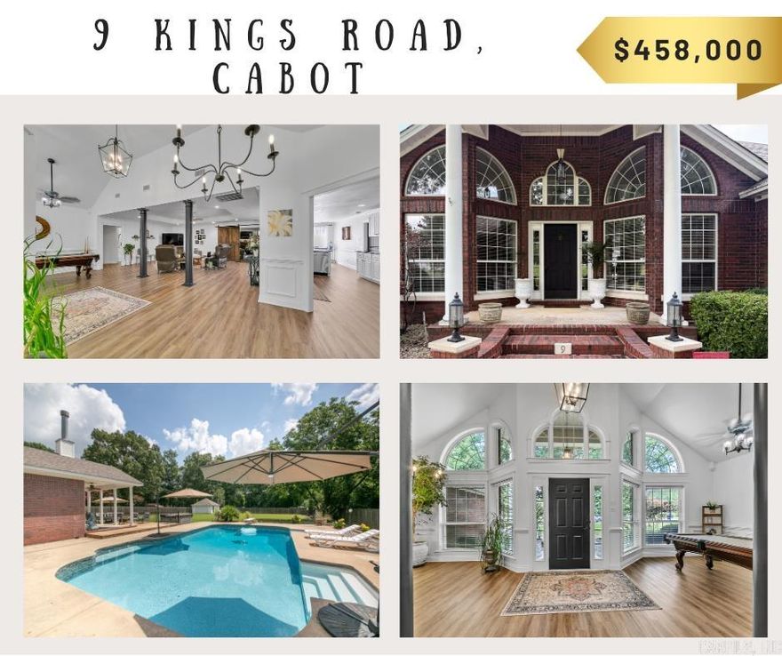 Welcome to 9 Kings Road, Cabot, AR, a beautifully remodeled home that combines modern convenience with timeless elegance. This residence boasts a new roof installed in August 2023, ensuring lasting protection and peace of mind. The property features an impressive 18 x 36 in-ground pool with a new liner added in September 2021, perfect for leisurely swims or entertaining guests. Completely remodeled in 2020, the home offers new luxury vinyl flooring throughout, stylish bathroom remodels, and elegant granite countertops. Enjoy cozy evenings by the wood-burning fireplace in the den, and appreciate the custom tile showers that add a touch of luxury to your daily routine. The kitchen is a chef's delight with a charming brick backsplash and a distinctive wood vent hood. Additional amenities include an extra double garage/shop, a new asphalt driveway with additional parking added in 2024, and expansive backyard space providing privacy and tranquility. Sunlight streams through the charming windows, infusing the home with natural light and warmth. The backyard boasts a beautiful tree line beyond the back privacy fence that won't be developed! Call today to schedule your showing!