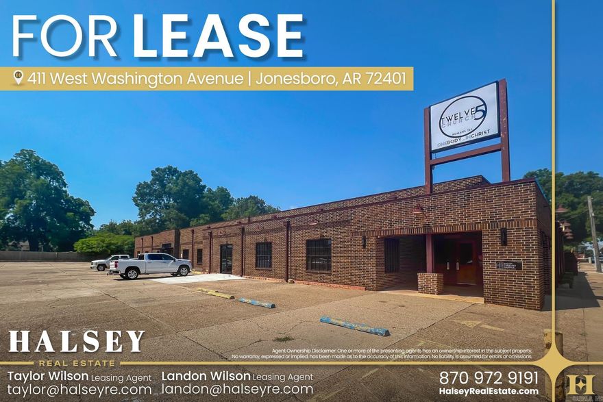 Positioned in the heart of Downtown Jonesboro, 411 West Washington Avenue offers ±6,300 SF of flexible space that can be subdivided to meet tenant needs. This prime location is surrounded by courthouses, professional offices, and retail, with excellent visibility to ±7,600 CPD and strong pedestrian traffic. The building features ample surface parking, a recently updated roof, and tenant improvement allowances for qualified tenants. Ideal for office, showroom, or creative workspace use, this property places your business in the center of one of Jonesboro’s most active districts.