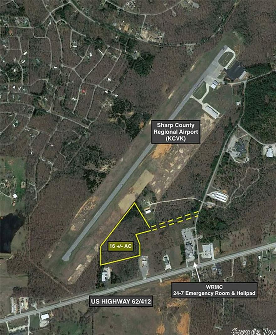 Great Location! 16.24 +/- Acres of undeveloped commercial land. Located in Cherokee Village, Arkansas. Zoned commercial. Property has access to sewer and water. Access to US Highway 62/412 via Hospital Drive. Property adjoins Sharp County Regional Airport.