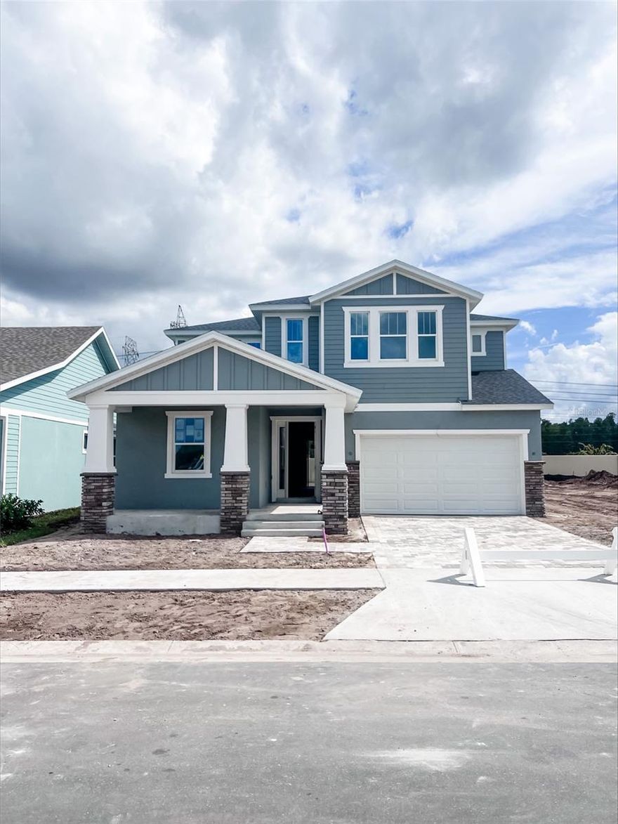 Under Construction. Spacious 2-Story Home with 2-Car Garage, Gourmet Kitchen & Flexible 4-Bedroom Layout
Welcome to this beautifully designed Bromeliad plan, featuring a charming Craftsman-style exterior and a thoughtfully planned interior layout perfect for modern living. With up to 4 bedrooms and 3 full bathrooms, this spacious two-story home offers both comfort and functionality.

Step onto the covered front porch and into a grand foyer, where you'll find a first-floor bedroom and full bath—ideal for guests or a home office. The open-concept main living area includes a gourmet kitchen with a large prep island, walk-in pantry, and seamless flow into the dining area and expansive family room—perfect for entertaining or relaxing. Enjoy outdoor living on the covered lanai, finished with elegant brick pavers that match the driveway for a cohesive look. Upstairs, the primary suite is a true retreat, featuring a spa-inspired en suite bathroom with dual vanities, a step-in shower, and a walk-in closet. Two additional bedrooms—one with a walk-in closet—a full bath, and a conveniently located upstairs laundry room complete the second floor.

Don’t miss your opportunity to own this beautifully designed home with flexible living spaces and timeless style.