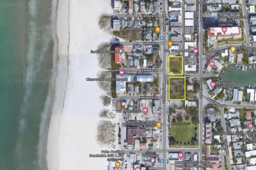 5 total lots (.69 acre) on Mandalay. 619, 629, & 631 (.39 acre) - separated by Royal Way and 635 (.29 acre) on the other side of Royal way. Surveys available. Build up to 24 condos. One block from the beach. Concept designs available.