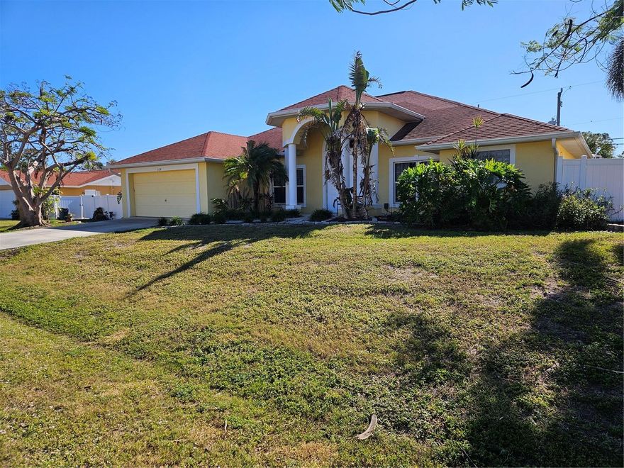 Rarely available 4 bed 3 full bath home in South Venice on a double lot and with a pool! This house makes an impression when you walk in the 8 foot tall front doors and into a large open living space with 13 foot tall ceilings. The kitchen is large and has granite countertops. Two large sliding doors open out to the screened pool deck and the large side yard. Master suite is large, with direct access to the pool. Master bath is also large with separate sinks, garden bath, and dedicated shower stall. Property is also fully fenced. Plenty of room for boats, trailers, or a playset. Easy access to Manasota Key Beach, Venice Beach and Caspersen Beach. No HOA. Brand new HVAC unit in 2025, with Nest Thermostat.