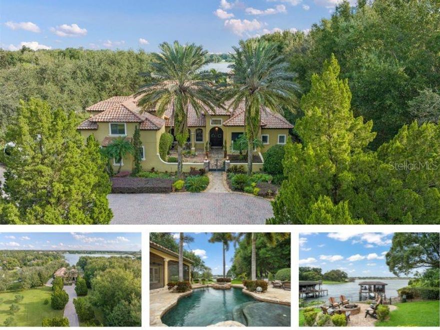 Exquisite lakefront compound surrounding a spectacular custom-built 6-bedroom Mediterranean masterpiece with attached mother-in-law suite, sprawling 1.75 acres behind secured iron gates and privacy wall, in a Tuscany-inspired setting complete with olive trees and a winding paver drive.  This Italian-themed escape was built to impress with luxurious appointments throughout including rustic stonework, elegant living spaces, and refined touches including stone and marble. The floorplan is one of the biggest highlights of the home with almost all living spaces, including 5 of the bedrooms, on the main floor.  Upstairs is a bonus space with 6th bedroom. The primary retreat is gracious and inviting with French doors leading to the screened patio and picturesque views of the pool and lake, plus double closets with custom shelves - and a sumptuous Master bath adorned with stone flooring, tiled shower, jetted tub with fireplace, mounted TV, double vanities, toilet closet with bidet, and lighted makeup counter.  The attached mother-in-law suite with separate entrance features a half-kitchen, sitting room, and junior master retreat with commanding lake views. Entertaining is always in style with a stunning kitchen with double islands, granite counters, stainless appliances including a magnificent WOLF range, 48” Sub Zero Pro Refrigerator Freezer with glass door, and butler’s pantry. Separate dining room and living room provide formal spaces for family and guests. An expansive 1,200 sq foot screened patio spans the length of the back of the home and offers a refuge from the elements and features multiple sitting areas, summer kitchen with grill and hood, stone fireplace, and teak ceilings. The lagoon-style pool with heart shaped spa offers a tropical escape.  Boat house with screened room and motorized boat lift offers direct access to Lake Olivia – a private spring-fed lake that is a sportsman’s haven, featuring a sandy bottom and no public access, creating an ideal environment for skiing and fishing.  Many of the home’s furnishings and furniture showcase the whimsical style and sophistication of MacKenzie-Childs as evidenced by the colorful and handmade pieces found throughout and can be purchased separately. A grand estate for the most discriminating buyer seeking a lakefront retreat combined with elegance and privacy.