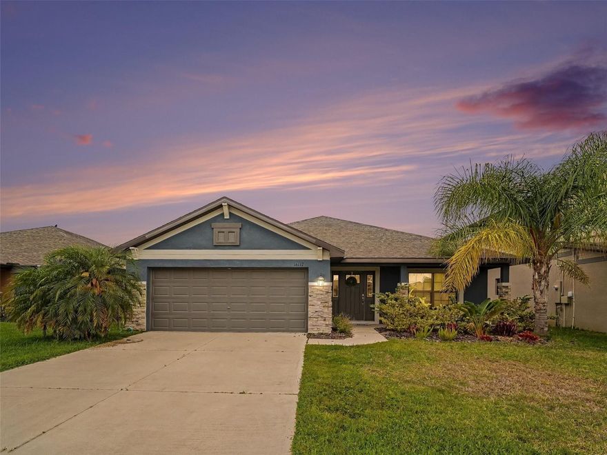 Fantastic open floorplan home with waterfront lot in the beautiful community of Aviary At Rutland Ranch, this is the Model 2200! This home offers 4 bedrooms and 3 baths, 5 ¼” baseboards, 5 panel doors for every room, brushed nickel cabinet knobs, as well as ceramic tile throughout the living and wet areas. The master bath is equipped with double vanity sinks and oversized shower. The kitchen boasts 36" upper custom wood cabinets with crown molding, Granite counter tops, breakfast bar and open to the living room, perfect for entertaining guests and family! This home includes a glass-top range, dishwasher, and microwave, as well as a 15 SEER air conditioner! Pest free living with your built-in pest control system. Outstanding lanai area with sunset views each night from your backyard. Close to shopping, dining and I-75!