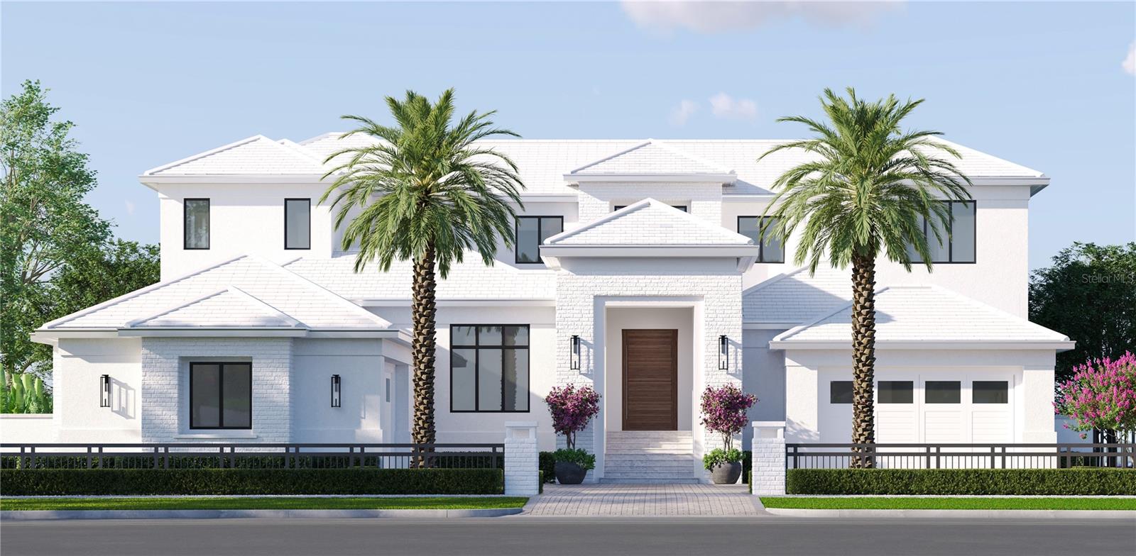 Pre-Construction. To be built. OR AVAILABLE FOR LAND VALUE. A masterwork of luxury and design, Ovation by Windstar Homes is a showstopping two-story estate that blends transitional architecture with resort-style living. Spanning over 7,200 square feet of conditioned space—and more than 11,600 square feet under roof—this seven-bedroom, seven-and-a-half-bathroom residence is crafted for comfort, elegance, and entertainment on every level.
From the moment you arrive, the entry forecourt, framed by fountains, sets the tone for the home’s grand scale and thoughtful layout. The space connects seamlessly into the entry foyer and a private guest casita, offering a warm welcome for visitors. Inside, a floating staircase serves as a sculptural centerpiece, while the expansive open kitchen—complete with Wolf and Sub-Zero appliances, prep kitchen, oversized pantry, and pass-through beverage center to the outdoor loggia—anchors the heart of the home.
Entertainment options abound with a dedicated billiards room and in-home movie theater. The primary suite is a private sanctuary, boasting two large custom closets, spa-like finishes, large balconies and top-of-the-line plumbing fixtures.
Outdoors, lush tropical landscaping surrounds a world-class swimming pool and spa, highlighted by a dramatic rain curtain cascading over the spa. With an oversized four-car garage, large motor court, and award-winning design, Ovation redefines modern luxury living. Also for sale as a buildable lot, MLS number TB8382713.