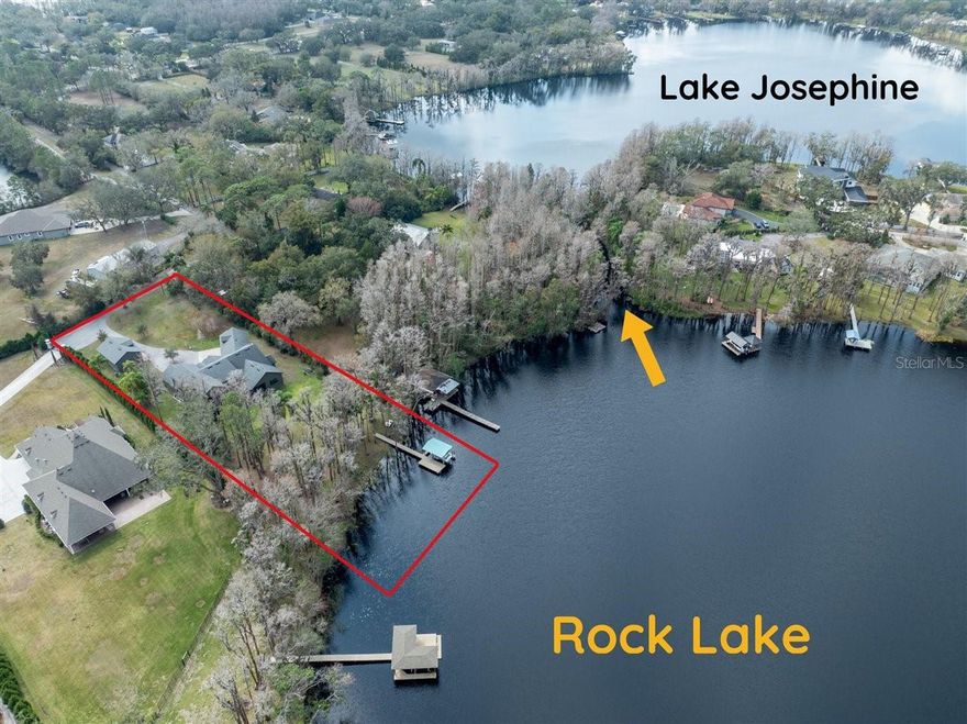 We are pleased to present this MAGNIFICENT, ONE OF A KIND HOUSE situated on a SPECTACULAR 1.76 ACRE, CUL DE SAC LOT on SKI SIZE ROCK LAKE! Built in 2017, and having OVER 150 of lake frontage and access to another nearby ski lake (LAKE JOSEPHINE), this 4 Bedroom, OFFICE, ENTERTAINMENT/GAME ROOM, 4.1 Bath, custom built home with 4,581sq. ft. of incredible living space, features: a light and bright, open floor plan with volume ceilings and neutral décor; a SPECTACULAR KITCHEN with stainless steel appliances, quartz counter tops, enormous island and walk in pantry; a GREAT ROOM sure to please, offering lake views, high ceilings with decorative beams, transom windows, plenty of room for entertaining or simply relaxing, custom built ins, and a gorgeous fireplace; a spacious, FIRST FLOOR PRIMARY SUITE with two large walk-in closets and beautiful master bath; TWO EN SUITE, FIRST FLOOR secondary bedrooms; a fourth bedroom upstairs with full bath and located adjacent to a LARGE BONUS ROOM with covered deck that offers amazing lake views; French doors and hardwood floors; HUGE SCREENED LANAI with hot tub, great for entertaining; TWO CAR ATTACHED garage and THREE CAR DETACHED garage; HOUSE GENERATOR; covered dock with lift; immaculate interior/exterior condition and much more! Add to these a CONVENIENT LOCATION for schools, shopping, dining, medical facilities, and interstate travel, and you have a fantastic place to call home!