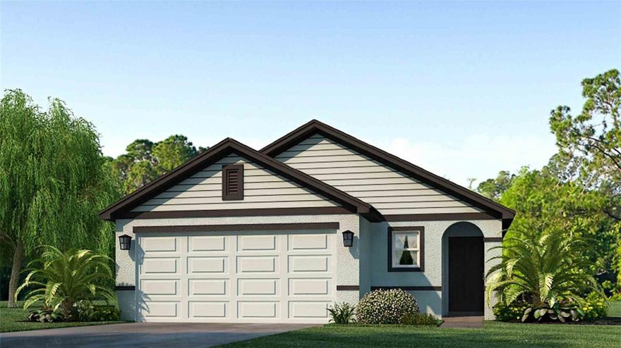 Under Construction. Receive special interest rates and up to $10,000 towards closing costs with the use of our preferred lender, now through October 19th. This all-concrete block constructed, one-story layout optimizes living space with an open concept kitchen situated between the living area and dining room. The kitchen, which overlooks the living area and covered lanai, comes with all appliances, including refrigerator, built-in dishwasher, electric range, and microwave. The owner's suite, located at the back of the home for privacy, has an ensuite bathroom. Two additional bedrooms share a second bathroom. The laundry room comes equipped with included washer and dryer. Pictures, photographs, colors, features, and sizes are for illustration purposes only and will vary from the homes as built. Home and community information including pricing, included features, terms, availability and amenities are subject to change and prior sale at any time without notice or obligation.