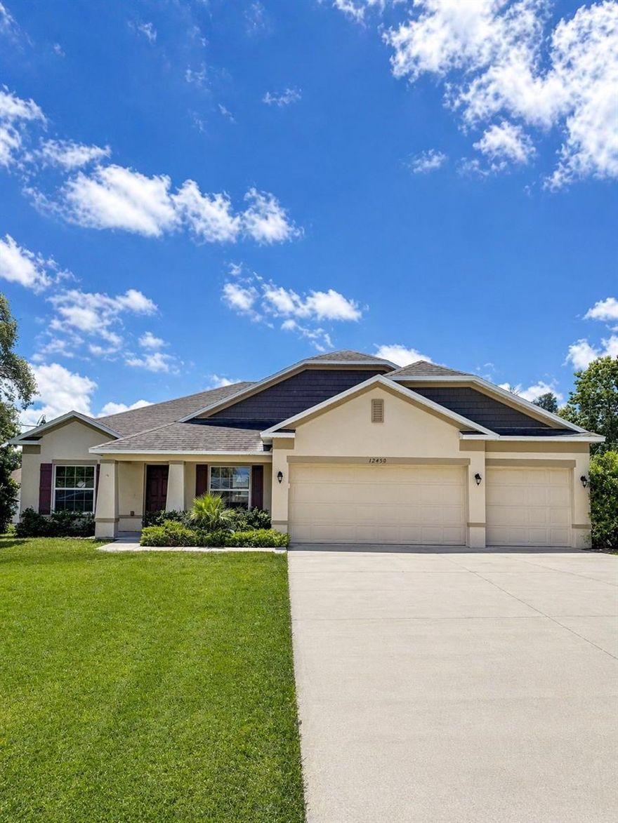 One or more photo(s) has been virtually staged. Welcome to your dream home!!! This stunning move-in ready single-story residence offers 4 bedrooms and 3 bathrooms in a peaceful neighborhood. From the moment you step inside, you’ll love the bright open concept layout, featuring a spacious living area, a formal dining space and a kitchen with gorgeous quartz countertops, a waterfall island with pop-up outlets and all brand new never used appliances perfect for entertaining or everyday living. A stylish flex space with elegant glass French doors creates the ideal home office, study, or creative space. The luxurious primary suite is your private retreat, complete with double sinks, an oversized walk-in closet and shower. Two secondary bedrooms with a bathroom, while a separate guest suite with its own private bath offers comfort and privacy for visitors or extended stay family.
Freshly painted throughout and upgraded with beautiful quartz finishes in the kitchen and bathrooms, this home feels brand new. Step outside to a cozy screened lanai perfect for relaxing evenings and enjoy the convenience of a 3-car garage.

This home truly has it all modern design, thoughtful layout, and a amazing location. Don’t miss the opportunity to make it yours!