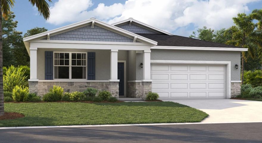 One or more photo(s) has been virtually staged. Under Construction. Nestled in the heart of Eustis and just a short drive from downtown Mount Dora, Hidden Cove offers easy access to a variety of shopping, dining, and entertainment options. This quiet, tucked-away neighborhood is surrounded by the stunning beauty of multiple lakes, including Lake Eustis—the centerpiece of the Harris Chain of Lakes—and West Crooked Lake, right in your backyard. With numerous parks and golf courses nearby, you'll never run out of outdoor recreation opportunities. At Hidden Cove, enjoy the perfect balance of living in a private neighborhood near peaceful lakes, quaint downtowns and many local attractions.

The Juniper offers the perfect blend of modern design and practicality. From its spacious two-car garage to a welcoming outdoor patio, this home meets all your needs while staying at the forefront of contemporary style. Three bedrooms on the main floor, located at the front of the house, share a bathroom with a double vanity and a laundry room across the hall—all thoughtfully designed for your convenience! Venture into the open-concept kitchen and dining area, perfect for dinner parties or entertaining, and after dinner, enjoy quality time in the spacious 16' x 16' living room. The expansive primary suite includes a private bathroom with double vanities, a large shower, a walk-in closet, and a separate toilet. Enjoy all these features and the Florida sunshine from the enclosed patio.