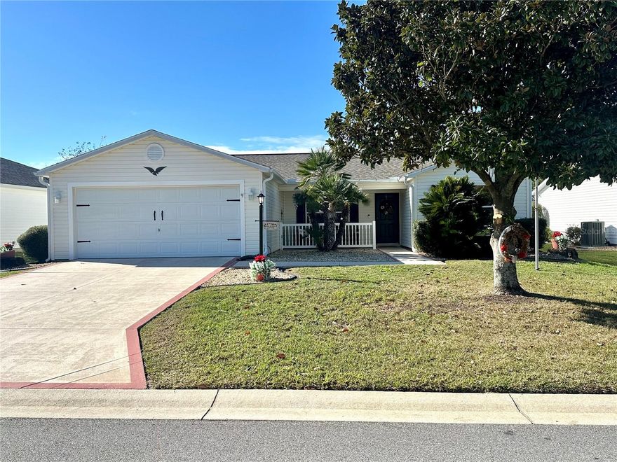 Welcome home to this beautiful and very well maintained 3/2/2 Amarillo model just blocks from The Villages Fitness Trail, Springdale Pool, Mulberry Dog Park, Nancy Lopez Country Club, First Responders Recreation Center, Veterans Association and shopping with a short 15 minute golf cart ride to BOTH Spanish Springs Town Square and Sumter Landing Market Square.
This home has a split floor plan with nicely sized guest bedrooms and a full sized private bath providing privacy for you and your guests. The large primary bedroom on the opposite side of the home offers a oversized walk-in closet and en-suite with shower. The lovely and bright island kitchen is equipped with gas appliances and is open to your spacious living and dining area leads to the enclosed lanai with NEW glass windows and screens adding additional space making it perfect for entertaining. The outdoor patio is wonderful for grilling with a privacy wall and extra room for a spa or enjoying your private outdoor space. The generously sized indoor laundry room has room for an additional refrigerator/freezer or storage and leads to your immaculate 2 car garage. Recent mechanical upgrades add further peace of mind. New  roof in 2020, water softener, and water heater. New luxury vinyl and paint inside and out in 2025 and NO BOND! This home is priced right, wonderfully located and won't last long. Make it yours today!