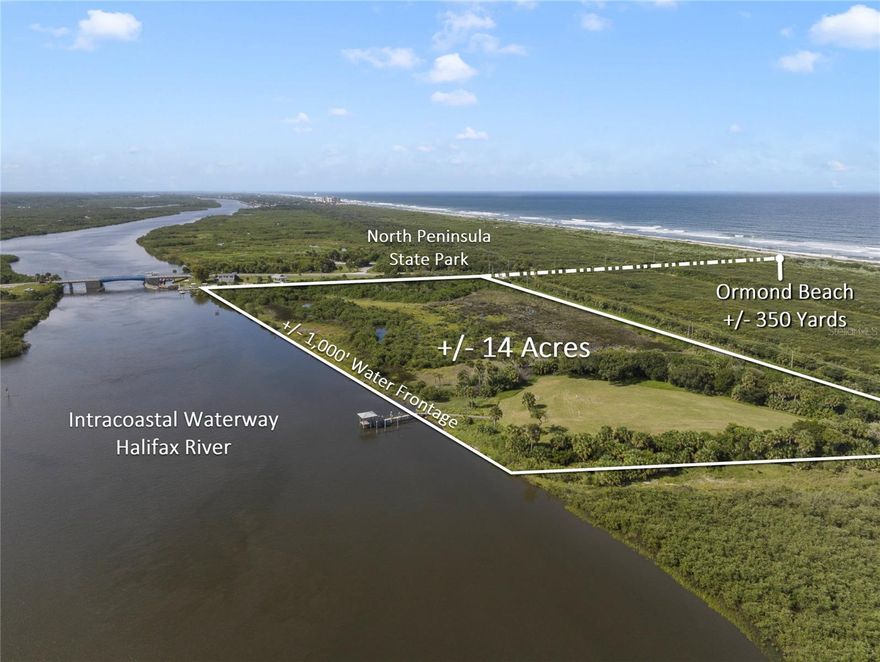 Exclusive Intracoastal Estate Property with Ocean Views! This extraordinary 14-Acre Property boasts approximately 1,000 feet of waterfrontage along the serene Intracoastal Waterway, specifically the Halifax River, providing breathtaking 360-degree views of the water, the pristine Ormond Beach, and the North Peninsula State Park. Located just 350 yards from the secluded Ormond Beach, the property grants access to pristine waters and untouched sandy shores, creating a tranquil coastal retreat. The strategic location ensures both unparalleled privacy—with only one residential property within a 1.25-mile radius—and convenience, as downtown Ormond Beach, Palm Coast, and Daytona International Airport are all just a short drive away. This area is rich in amenities, offering a variety of fine dining, boutique shopping, renowned golf courses, and recreational options for those seeking a well-rounded coastal lifestyle. With a newer dock designed to accommodate large vessels and a "Rip-Rap" seawall for added protection, this property is a haven for water enthusiasts and sportfishing lovers. The location offers an easy, mostly full-speed trip to Matanzas Inlet, making it an ideal spot for fishing adventures.
For those looking to build their dream estate, an approved Development Agreement is in place, allowing for the construction of a vast primary residence, guest house, pool house, heliport, and utility storage building. Whether you are seeking a private retreat or a premier location for entertaining, this exceptional property offers an unmatched combination of privacy, luxury, and natural beauty, with sunrise and sunset views that are simply unparalleled. Call for additional information and a private tour.