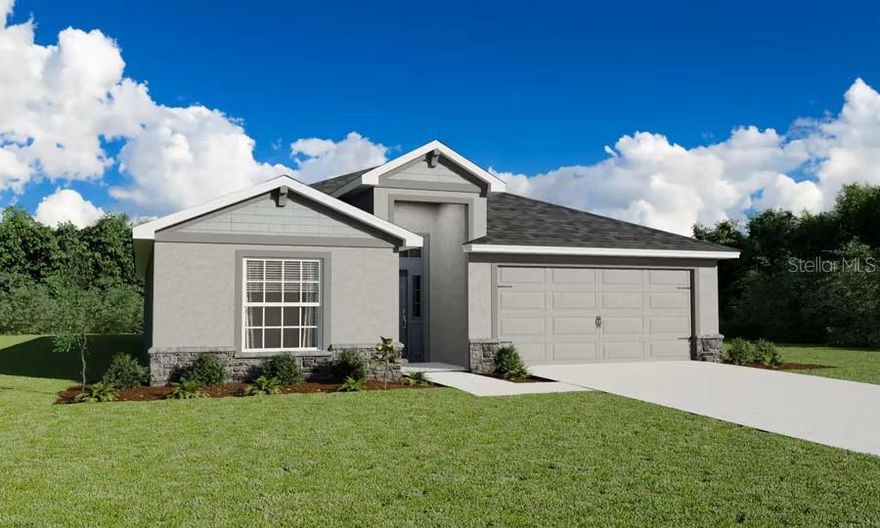 Under Construction. New construction home with 1744 square feet on one-story including 3 bedrooms, 2 baths, and an open living area. Enjoy an open kitchen with Silestone countertops, Samsung stainless steel appliances, a walk-in pantry, and a spacious island, fully open to the dining café and gathering room. The living area, laundry room, and baths include luxury wood vinyl plank flooring, with stain-resistant carpet in the bedrooms. Your owner's suite is complete with a walk-in wardrobe and a private en-suite bath with dual vanities, a tiled shower, and a closeted toilet. Plus, enjoy a covered lanai, 2-car garage, custom-fit window blinds, architectural shingles, energy-efficient insulation and windows, and a full builder warranty ***Please note - Virtual Tour/Photos showcases the home layout; colors and design options in actual home for sale may differ. Furnishings and décor do not convey!
