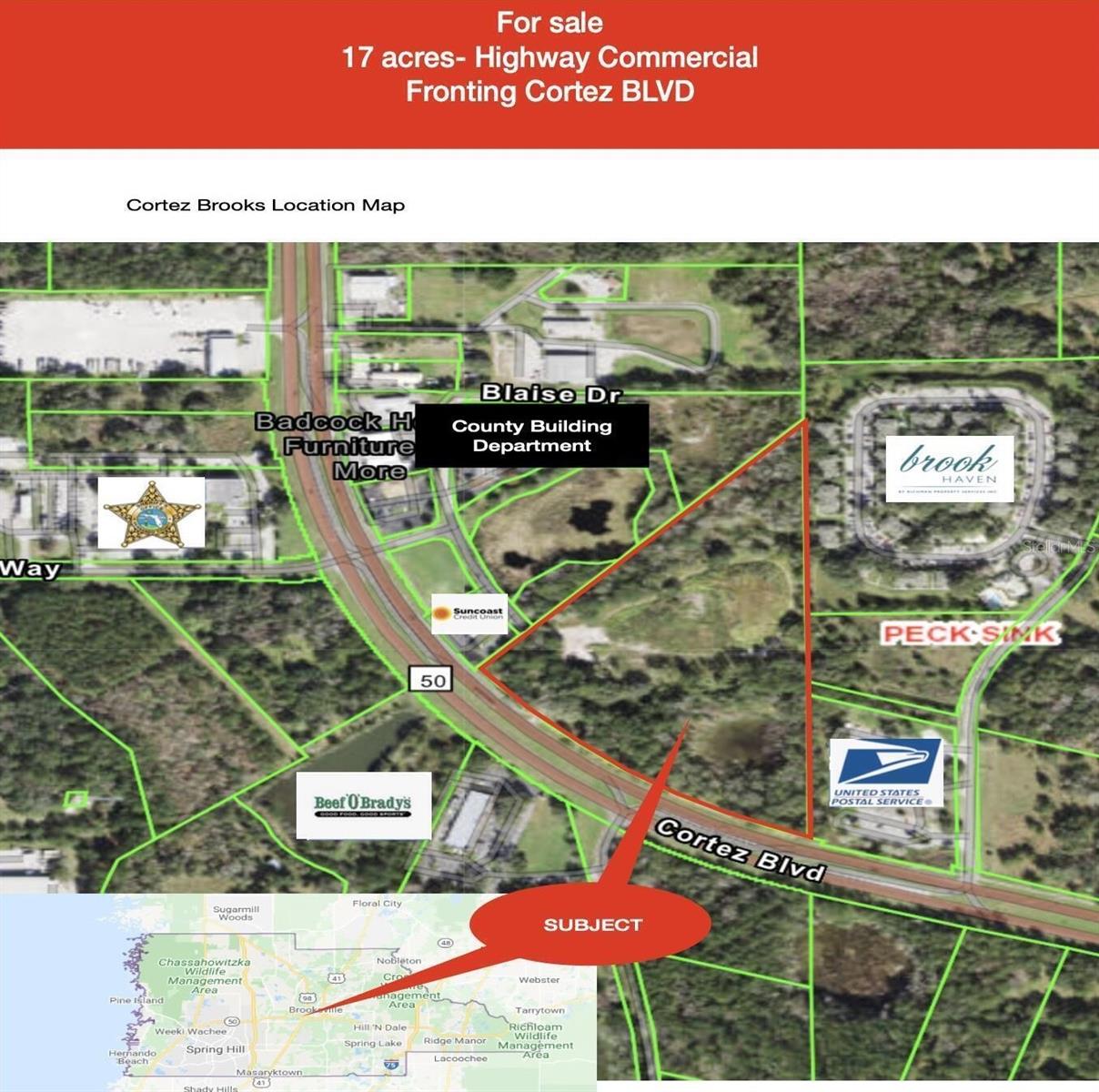 Great 17 acre commercial track with access to city water and sewer. Just over 1,000 feet of road frontage with Annual average daily traffic of 15,500 cars making for great visibility for any business/townhomes/appartments. Located near a Publix and Walmart shopping centers.