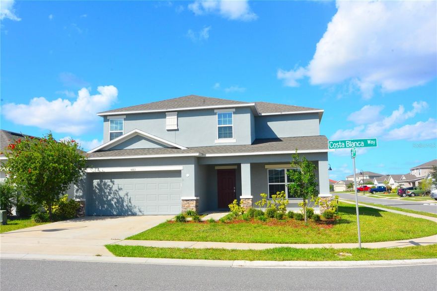 Welcome home to this home built in 2022 by quality builder Taylor Morrison. It sits on a spacious corner lot to give your everyone in your family plenty of room to roam, or plant some fruit trees! Open and airy living room with bright kitchen consist of light gray cabinets, light quartz counter tops and stainless steel appliances. Complete with first floor bedroom and full bathroom for the visiting guests, parents or to be used as a home office. Sliding doors lead to covered lanai. Spacious primary bedroom and bathroom is upstairs. HOA fee includes community pool, playground and cabana. Publix supermarket is a few minutes walk. Subdivision is just off of highway 27. Floorplan available upon request.