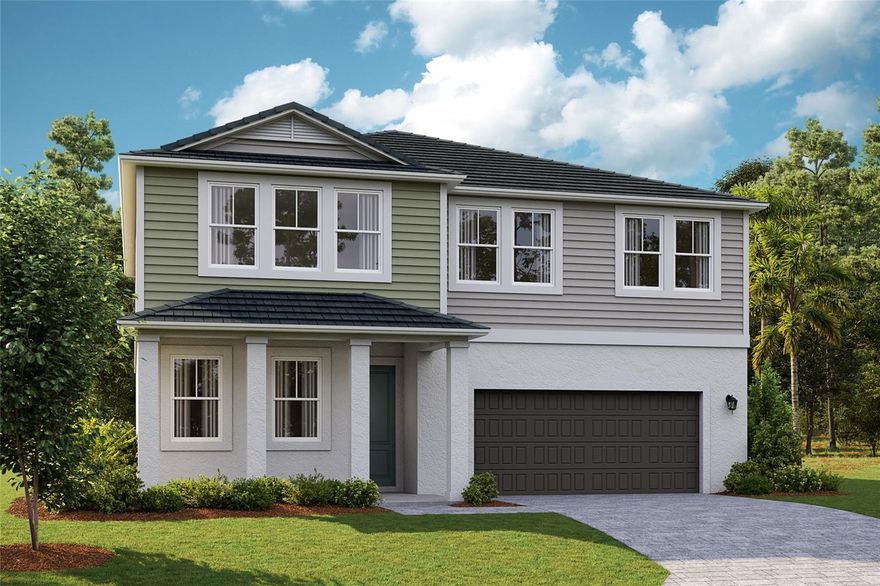 Under Construction. Discover the Anna Maria, a dynamic two-story home designed for versatile living and effortless entertaining. Featuring 5 spacious bedrooms, 3 full bathrooms, flex space, large recreation room and a 2-car garage, this home is designed to fit your every need. The kitchen, complete with polished quartz countertops, stainless-steel appliances, 42” upper cabinets and luxury vinyl plank flooring overlooks the dining area and opens to the lanai through sliding glass doors—ideal for indoor-outdoor entertaining. The smart thermostat with voice control makes it easy to adjust the temperature for energy efficiency. The first floor includes a flex room, a full bedroom, and a bathroom, perfect for guests or a home office. Upstairs, you'll find an oversized recreation room, three secondary bedrooms, and a luxurious owner’s suite. The owner's bathroom boasts a double vanity, walk-in shower with floor to ceiling tile, freestanding tub, and a generously sized walk-in closet. A spacious laundry room completes this thoughtfully designed layout. The exterior of the Anna Maria is just as impressive, with a stylish elevation complemented by beautifully designed landscaping that adds charm and elegance to the home’s overall aesthetic. 
Find the perfect balance of serene landscapes and modern amenities at Mirada. Homeowners at Mirada enjoy the beach lifestyle in Pasco County with a 15-acre man-made lagoon for swimming, kayaking, paddle boarding, and relaxing. Golf cart paths and spacious sidewalks invite residents to explore opportunities for outdoor recreation, including parks, playgrounds, and nature trails. Stay close to what’s important at Mirada, ideally located 30 minutes from Downtown Tampa and just minutes from Publix. From high-speed action—including super-fast ULTRAFi Wifi--to leisurely strolling or floating, at Mirada you can live life to the fullest. 
Images shown are for illustrative purposes only and may differ from actual home. Completion date subject to change.