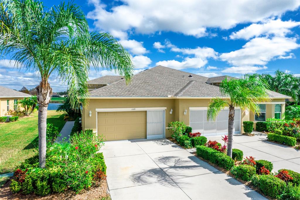 Beautiful Minto Palm model on a cul de sac located in the highly sought after Nottingham Villas of Kings Point. This villa features a view of the water from the lanai, great room, dining and master bedroom. Just off the master bedroom is a large bathroom with a double vanity, and large walk in shower. The master walk in closet has custom built in shelving and drawers for easy organizing. The kitchen is a cook or chefs dream. A Double oven, wrap around granite countertops and gorgeous wood cabinets with under cabinet lighting. There is also a solar tube for extra kitchen lighting. The den/office is just off the laundry area for privacy. In the two car garage is a newer water softener and utility sink. There is also sliding screens on the garage. There is a KPW Platinum warranty that can be prorated and transferred at closing. The roof was replaced February 3rd, 2023. Kings Point is a 24hr manned and gated community for your piece of mind. The facilities are amazing, you will have use of 5 heated swimming pools, tennis courts, pickleball courts, and 2 state of the art fitness centers. This golf cart community allows you to travel to grocery stores, banks and even a hospital by golf cart. Come see why Kings Point is one of the most desirable 55 and over communities in the country.