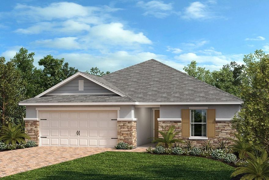 Built by a leading new home builder in Orlando, Florida, this stunning single-story home offers exceptional curb appeal with professional landscaping and a covered front entry. Inside, the open floor plan features volume ceilings and tile flooring, with a spacious great room that opens to a covered back patio, ideal for relaxing or entertaining. The modern kitchen is equipped with 36-in. upper cabinets, granite countertops, a center island, and Whirlpool® stainless steel appliances. The private primary suite includes a walk-in closet and a well-appointed bath with granite countertops, a dual-sink vanity, linen closet, and walk-in shower with tile surround. Additional highlights include ENERGY STAR® certified lighting, Moen® faucets, and Kohler® sinks, making this home a standout among new construction homes in the Orlando area.