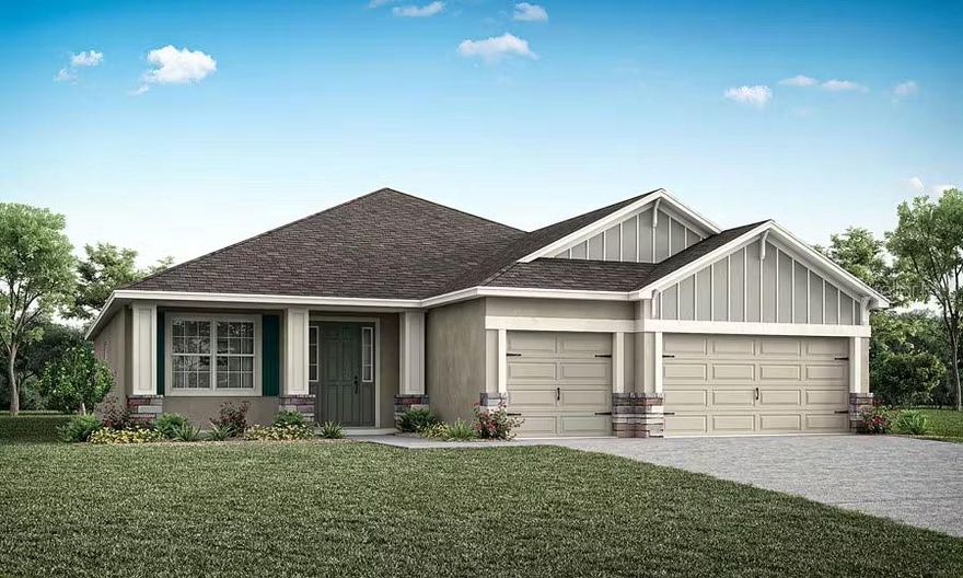 Pre-Construction. To be built. Brand-new luxury home for sale featuring 4 bedrooms plus a den and a modern open-concept design. The Waylyn offers a classic Florida exterior with a stylish interior, luxury vinyl plank flooring, and flexible living spaces. The spacious owner’s suite includes a tray ceiling, walk-in closet, and a spa-inspired bath with dual vanities and a tiled glass-enclosed shower. A front porch and covered lanai provide great space for outdoor living and entertaining. This professionally designed home includes a beautiful kitchen with quartz countertops, shaker cabinets, a walk-in pantry, and Samsung stainless steel appliances. Luxury vinyl plank flooring runs throughout the main living areas, with stain-resistant carpets in the bedrooms. Energy-efficient features such as Low-E windows, R-30 insulation, and a programmable thermostat help keep utility costs low. The fully sodded homesite includes premium landscaping and an irrigation system. Move-in ready and designed for comfort, style, and easy maintenance -contact us today for more information.