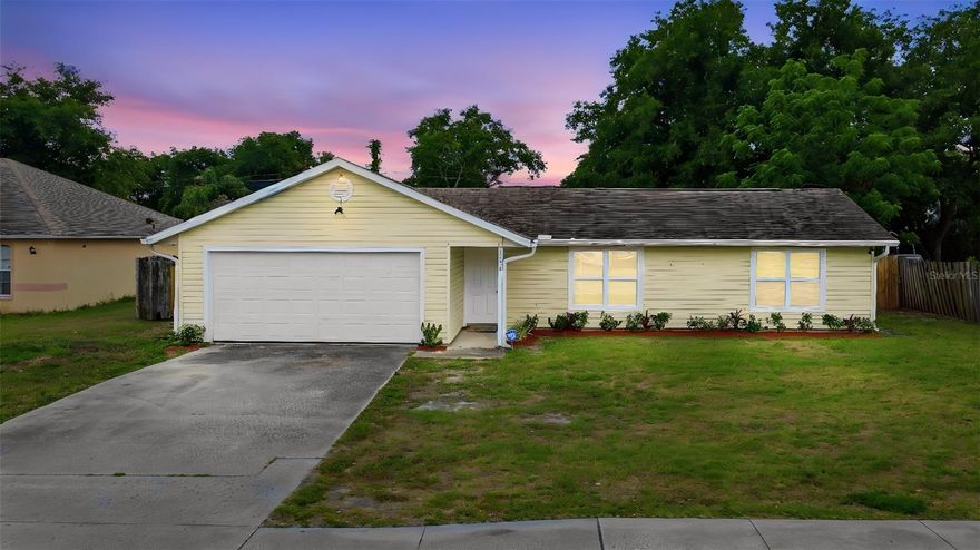 Welcome to this charming 3-bedroom, 2-bathroom traditional home, designed for comfortable family living and effortless entertaining. The 1,302-square-foot floor plan features a bright, open-flow living and dining area paired with a convenient pass-through kitchen. Step outside to a massive screened patio that overlooks a huge, privacy-fenced backyard—your own personal outdoor retreat. The standout feature is a custom-upgraded detached outbuilding complete with a wood-paneled ceiling, track lighting, and A/C, perfect for a home office, hobby studio, or workshop. Located in a great neiborhood just blocks from Pine Ridge High School, this Deltona gem is ready for its next chapter.