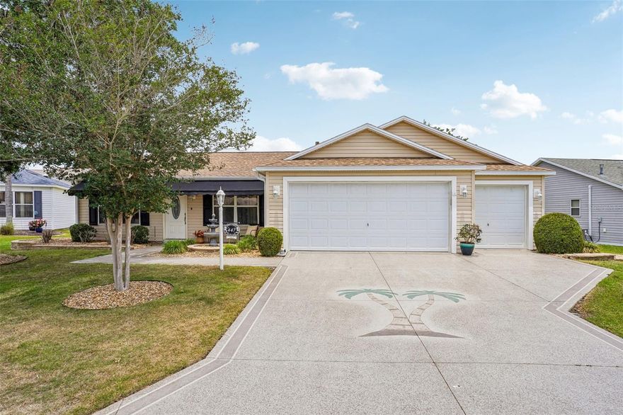 WELCOME HOME to your
 beautifully EXPANDED Amarillo model in the highly desirable Village of Amelia! Ideally located in the heart of The Villages between LAKE SUMTER Landing and BROWNWOD Paddock Square, this spacious 3-bedroom, 2-bath home offers approximately 1,800 sq. ft. of living space PLUS an OVERSIZED 2-car GARAGE and a separate GOLF CART GARAGE, perfect for enjoying The Villages lifestyle.  Situated on a quiet CUL-DE-SAC featuring mature landscaping on the exceptionally LARGE LOT, the home is just across the street from AMELIA CHAMPIONSHIP GOLF COURSE and only a few blocks from the Amelia REC CENTER and SWIMMING POOL. You’ll also enjoy close proximity to Mallory Hill Country Club and RESTAURANT.  Upon entering, an aura of ELEGANCE and SOPHISTICATION unfolds, created by the deep, warm tones of the luxury vinyl flooring as the EXPANDED LIVING ROOM flows seamlessly into the open-concept kitchen and dining area.  One of many standout features is the expansive BONUS ROOM located off the Florida room, complete with abundant windows and a PRIVATE exterior ENTRANCE. This versatile space offers endless possibilities — ideal for a home office, hobby room, guest retreat, extended family living, rental opportunity, or even a potential 4th bedroom.  The private master suite features a soft beige carpet, DUAL CLOSETS, and a beautifully UPDATED en suite bath complete with a dual-sink vanity, a WATER CLOSET for added privacy, and an updated shower. Two guest bedrooms and a guest bathroom featuring a modern WALK-IN SHOWER are located on the opposite side of the home insuring privacy for you and your guest. Home is being sold TURNKEY with the exception of certain items which are available through separate negotiation. With flexible living space, thoughtful upgrades, oversized garage space, and an unbeatable central location, this expanded Amarillo is a rare opportunity to enjoy the very best of life in The Villages!  Private video tours for out-of-town buyers are available through the listing agent.  ROOF, EXPANSION, and all other major updates done in 2021.