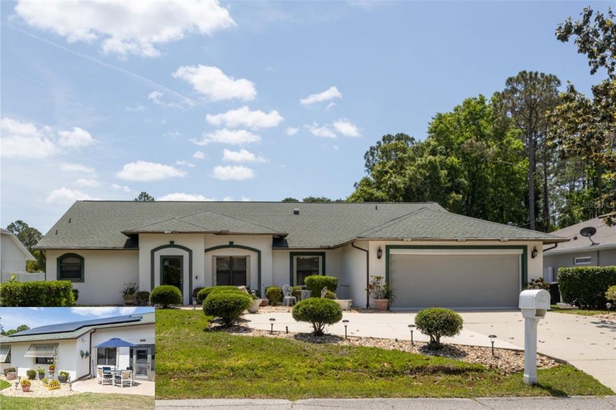 Located in the desirable Pine Lakes “W” section of Palm Coast, this beautifully maintained 4-bedroom, 2-bath home with a 2-car garage truly feels like HOME! Featuring wood-look tile throughout, an oversized driveway, updated bathrooms, and crown moldings, this property offers both style and functionality. The kitchen is equipped with stainless steel appliances and opens to multiple living spaces, including a family room, a living room, a dining room, and a bright breakfast area. A spacious laundry room with storage and a utility table adds convenience, and the washer and dryer convey with the property. Enjoy Florida living year-round in the enclosed lanai or relax on the extended rear paver patio surrounded by lush landscaping. The sprinkler system operates on a separate meter for efficiency. Additional highlights include new windows, AC (2023), solar (2019), a water filtration system, a garage screen, garage storage, hurricane shutters, and a fully fenced backyard for added privacy. Looking for a turnkey? Seller will sell furnished!