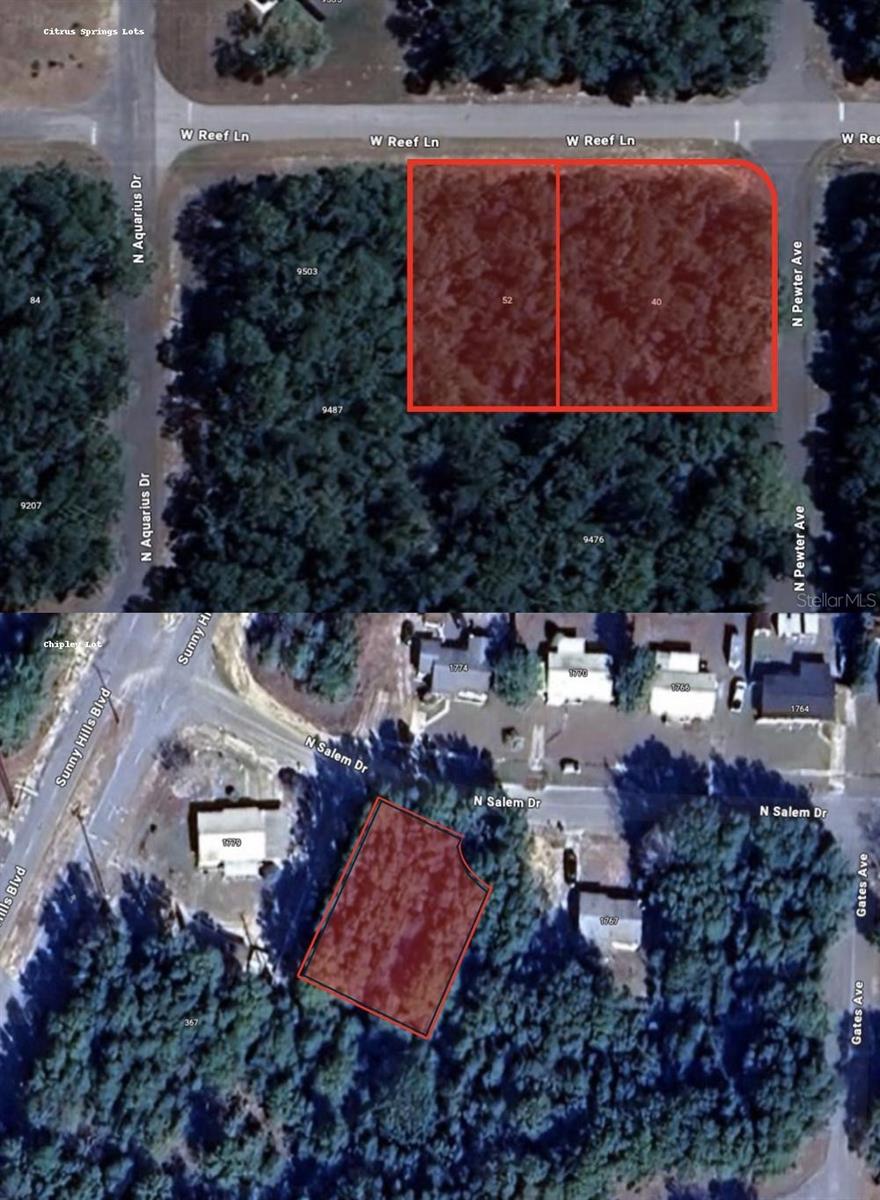 *LAND PACKAGE* Portfolio opportunity with three Florida homesites. Two adjoining parcels in Citrus Springs combine to create a half-acre corner lot, ideal for a future homesite or investment. Also included is a 0.24-acre lot in the Sunny Hills community of Chipley. All parcels feature paved road access in established neighborhoods. A great chance to secure multiple properties in growing areas at an affordable price. All parcels included package are: 18E-17S-10-0260-05080-0260, 18E-17S-10-0260-05080-0250, and, 00000000-04-0187-0005, with addresses: 40 & 52 W Reef Ln, Citrus Springs, FL 34434, and Salem Dr, Sunny Hills Unit 4, Chipley, FL 32428