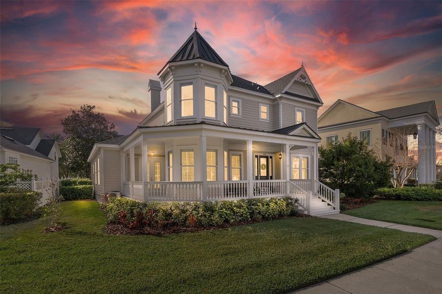 Welcome to this beautifully fully renovated Victorian-style home, ideally located on one of Celebration’s most desirable streets, directly across from a charming park and nature trail. With classic architecture, a welcoming wraparound front porch, and thoughtful modern upgrades throughout, this home offers the perfect blend of timeless charm and contemporary living.

Inside, the spacious gathering room sets the tone for elegant entertaining, featuring a custom bar and warm, inviting finishes. Just beyond, the formal dining room flows seamlessly into the recently renovated kitchen, where an oversized waterfall island anchors the space. Stone countertops and backsplash, stainless steel appliances including double ovens and a gas range, soft-close cabinetry, porcelain tile flooring, and a light-filled breakfast nook make this kitchen as functional as it is beautiful. The kitchen opens to the family room, highlighted by soaring cathedral ceilings, a fireplace, and two stories of windows that flood the home with natural light.

The first-floor primary suite is a true retreat, featuring warm wood flooring, a fireplace, and direct access to the wraparound porch, perfect for morning coffee or quiet evenings. The fully renovated en-suite bath offers a spa-like experience with porcelain tile flooring, dual vanities with backlit mirrors, generous storage, a freestanding soaking tub, and a separate walk-in spa shower. Completing the suite is a dream walk-in closet with custom built-in cabinetry, thoughtfully designed to maximize both storage and style.

Upstairs, you’ll find three additional bedrooms, including two connected by a Jack-and-Jill bath, along with an additional full bathroom. Recent upgrades include new luxury vinyl plank flooring throughout the second floor, custom built-in closets, renovated bathrooms, plantation shutters, and fresh interior paint.

The private, fenced backyard offers flexible outdoor space and leads to the three-car garage, which is equipped with a Tesla charger for added convenience. Above the garage is a fully renovated one-bedroom apartment, ideal for rental income, guests, or multigenerational living. The apartment features updated finishes, granite countertops, stainless steel appliances, and new flooring, making it move-in ready.

Additional highlights include a new roof installed April 2024, updated cabinetry, and extensive renovations that make this home truly turnkey.

This exceptional property offers classic Celebration charm, modern luxury, and income-producing potential, all in a prime location. A rare opportunity to own a thoughtfully updated home in the heart of Celebration.