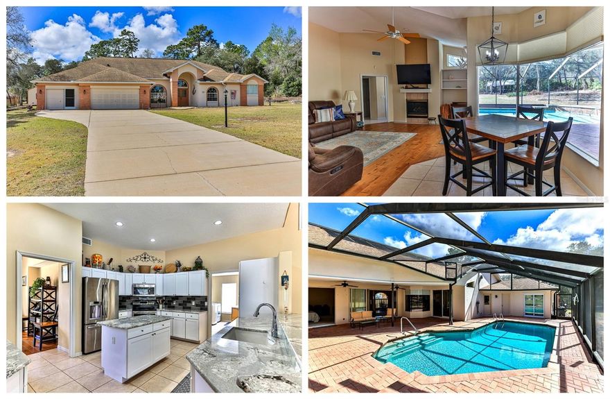 Welcome to this spacious 4-bedroom, 2-bath pool home located on a beautiful 1-acre wooded lot in the highly desirable Pine Ridge community of Beverly Hills, FL. This home features a split floor plan with separate living, family, and dining rooms, providing plenty of space for both everyday living and entertaining. The eat-in kitchen is highlighted by beautiful granite countertops and overlooks the main living areas. An additional office or 4th bedroom with closet provides flexibility for guests, remote work, or hobbies. Step outside to your screened-in pool and large lanai, for enjoying Florida’s year-round outdoor lifestyle. The property also includes a shed/workshop, offering great space for storage, tools, or projects. Recent updates include a roof replaced in 2019 and AC installed in 2020 for added peace of mind. Pine Ridge is known for its large wooded homesites, peaceful setting, and equestrian-friendly lifestyle. Residents can enjoy access to the Pine Ridge Community Center and Equestrian Complex, featuring tennis courts, pickleball courts, a dog park, RC plane field, playground, and miles of scenic riding and hiking trails. The nearby Withlacoochee State Trail offers additional opportunities for biking, walking, and outdoor recreation. Conveniently located just a short drive from Crystal River know for its crystal springs fishing and manatees access to the gulf for inshore/offshore fishing and scalloping, Inverness, and Ocala, this home offers the perfect combination of privacy, space, and access to nature while still being near to shopping, dining, and local amenities.Don’t miss the opportunity to own this beautiful pool home on acreage in one of Citrus County’s most sought-after communities. 
Close