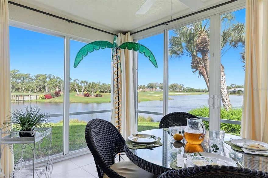 Welcome to your perfect Florida retreat! This beautifully maintained 2-bedroom, 2-bath condo offers stunning waterfront views from nearly every room and is being sold turnkey furnished, making it ideal as a vacation home, seasonal getaway, or full-time residence.
Surrounded by lush tropical landscaping, tranquil water features, and golf course vistas, this light-filled condo invites you to relax and unwind in a serene, nature-filled setting. The open-concept living and dining room combination flows seamlessly into the spacious Florida room—creating an ideal layout for entertaining or everyday living.
The Florida room is truly the highlight of the home, offering panoramic views of tropical greenery, water, and the golf course. Enjoy your morning coffee, casual meals, or evening relaxation while watching native birds, turtles, and golfers in a peaceful, private setting.
The kitchen features white cabinetry, stainless steel appliances, and a breakfast bar that opens to the dining area, enhancing the home’s open feel. Tile flooring runs throughout the main living areas, while Berber carpet adds comfort to the bedrooms and hallway.
The primary suite offers water views, private lanai access via sliding glass doors, a walk-in closet, and an updated en-suite bath with a white shaker vanity and quartz countertop. The split-bedroom floor plan provides privacy, with the guest bedroom located on the opposite side near a full bath, also updated with a white shaker vanity and quartz. A convenient in-unit laundry closet adds to the ease of living.
Located in the desirable Clubside community, residents enjoy a community pool and tennis courts just steps away.
Beyond your front door, Stoneybrook Golf & Country Club delivers an exceptional amenity-rich, resort-style lifestyle, including a recently modernized 18-hole championship golf course, Har-Tru tennis courts, pickleball, bocce, fitness center, walking trails, full-service restaurant, bar, and more. As a bonus the owners have paid the 2024 golf course modernization project assessment in full- a savings of over $6,000 to the buyer.
Ideally situated near the Legacy Trail, and just minutes to Nokomis Beach and Siesta Key Beach, as well as shopping, dining, and entertainment, this location offers the best of coastal convenience and active living.
Don’t just buy a condo—buy a lifestyle at Stoneybrook.