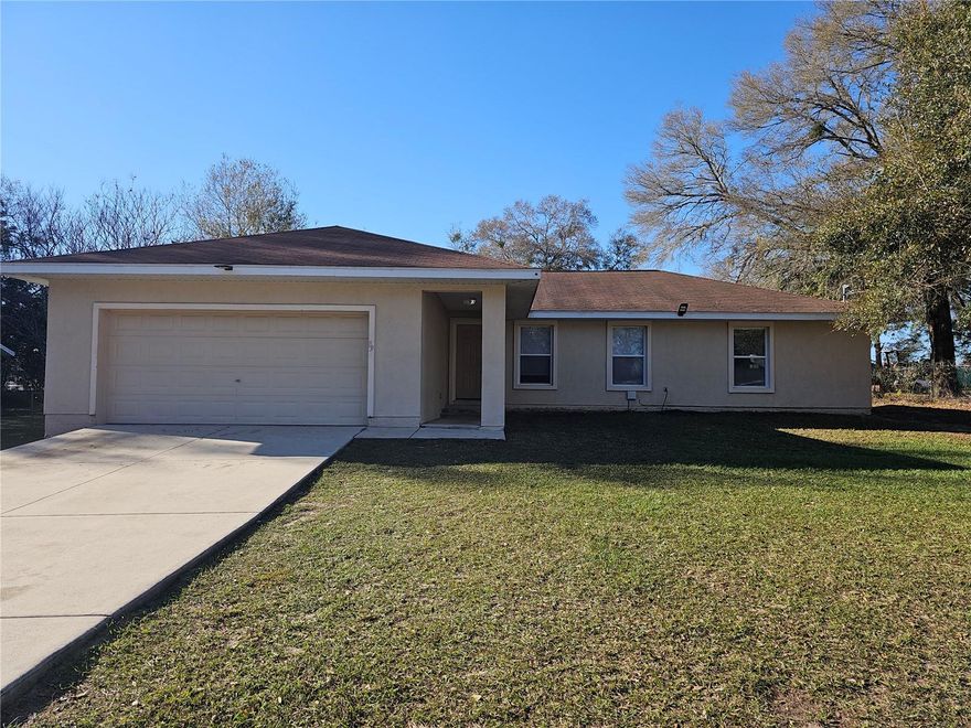 3 bedroom 2 bath 2 car garage, located in Silver Springs Shores, This open floor plan features tile floor/carpet in bedrooms, Large Eat in Kitchen with Breakfast Bar, Refrigerator, glass top/oven, dishwasher.  Master bath has double sinks tub/shower, and has a large walk in closet, Both bathrooms feature , inside Laundry room just off of the kitchen, fans in all the bedroom, living room, also includes an outdoor open lanai, NO PETS, NO SMOKING, property is on a well, NO water bill
we ask for first month's rent and security