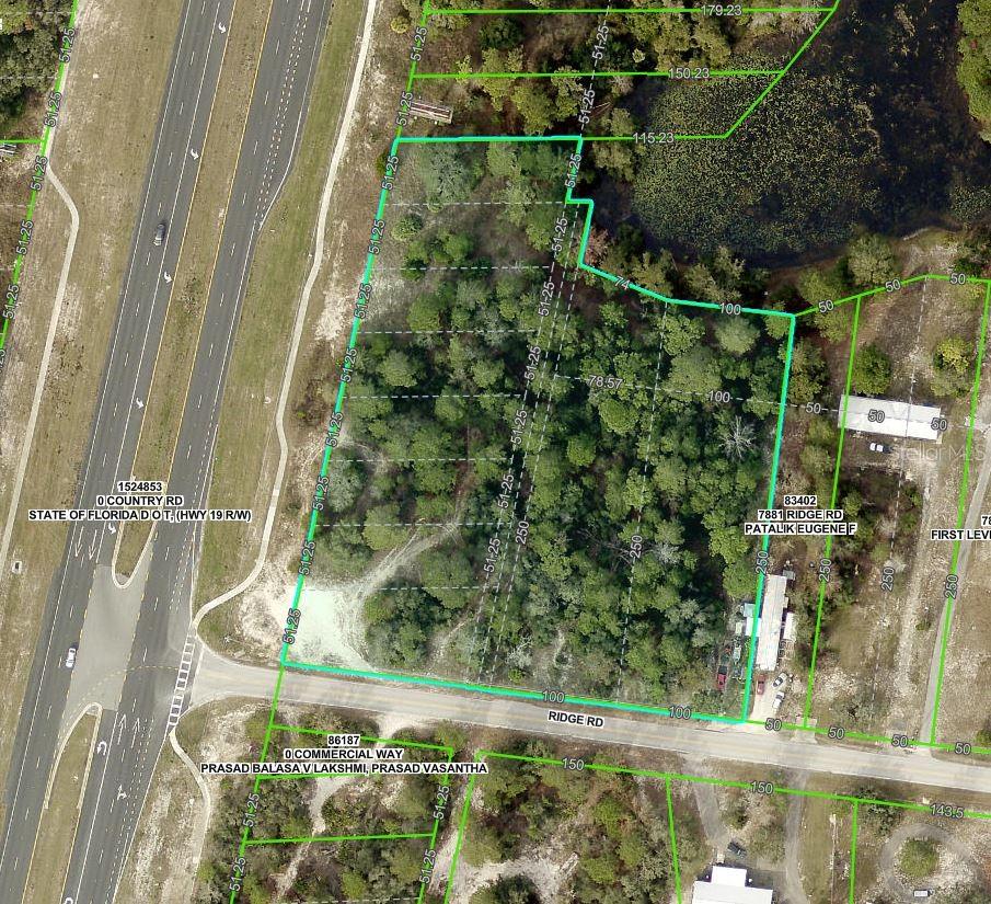 2.9 acres of Prime vacant land on US Highway 19/Commercial Way. This corner lot has excellent visibility off Hwy 19
heading North and South. Property also has existing turnout lanes off commercial way heading in both directions.
Currently zoned Residential, Hernando county will allow a re-zoning to commercial taking approximately 3-6 months
from application to completion. Attached documents: 1) survey of plot 2) Site plan for 2 proposed buildings totaling
23,500sf