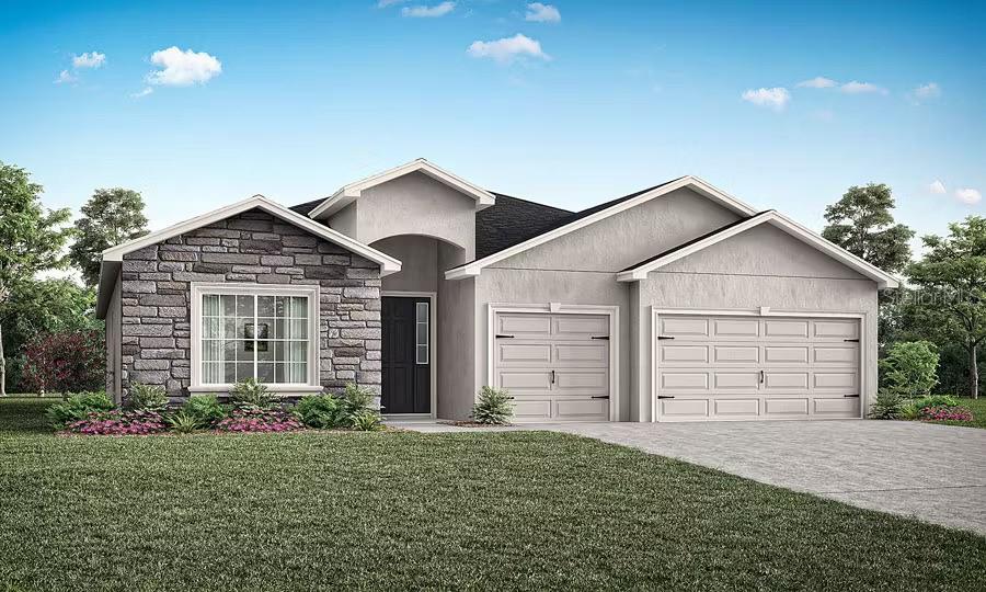 Under Construction. New construction home with 2487 square feet on one-story including 4 bedrooms, 3 baths, and an open living area with den. Enjoy an open kitchen with Samsung stainless steel appliances, and a spacious breakfast bar, fully open to the dining café and gathering room. Kitchen boasts 42 in shaker style cabinets and Quartz countertops. The kitchen, living area, laundry room, and baths include luxury wood vinyl plank flooring, with stain-resistant carpet in the bedrooms. Your owner's suite is complete with a walk-in wardrobe and a private en-suite bath with dual vanities, a tiled shower, garden tub and a closeted toilet. Plus, enjoy a covered lanai, 3-car garage. Custom-fit window blinds, architectural shingles, energy-efficient insulation and windows, and a full builder warranty. “Please note, virtual tour/photos showcases the home layout; colors and design options in actual home for sale may differ. Furnishings and décor do not convey.