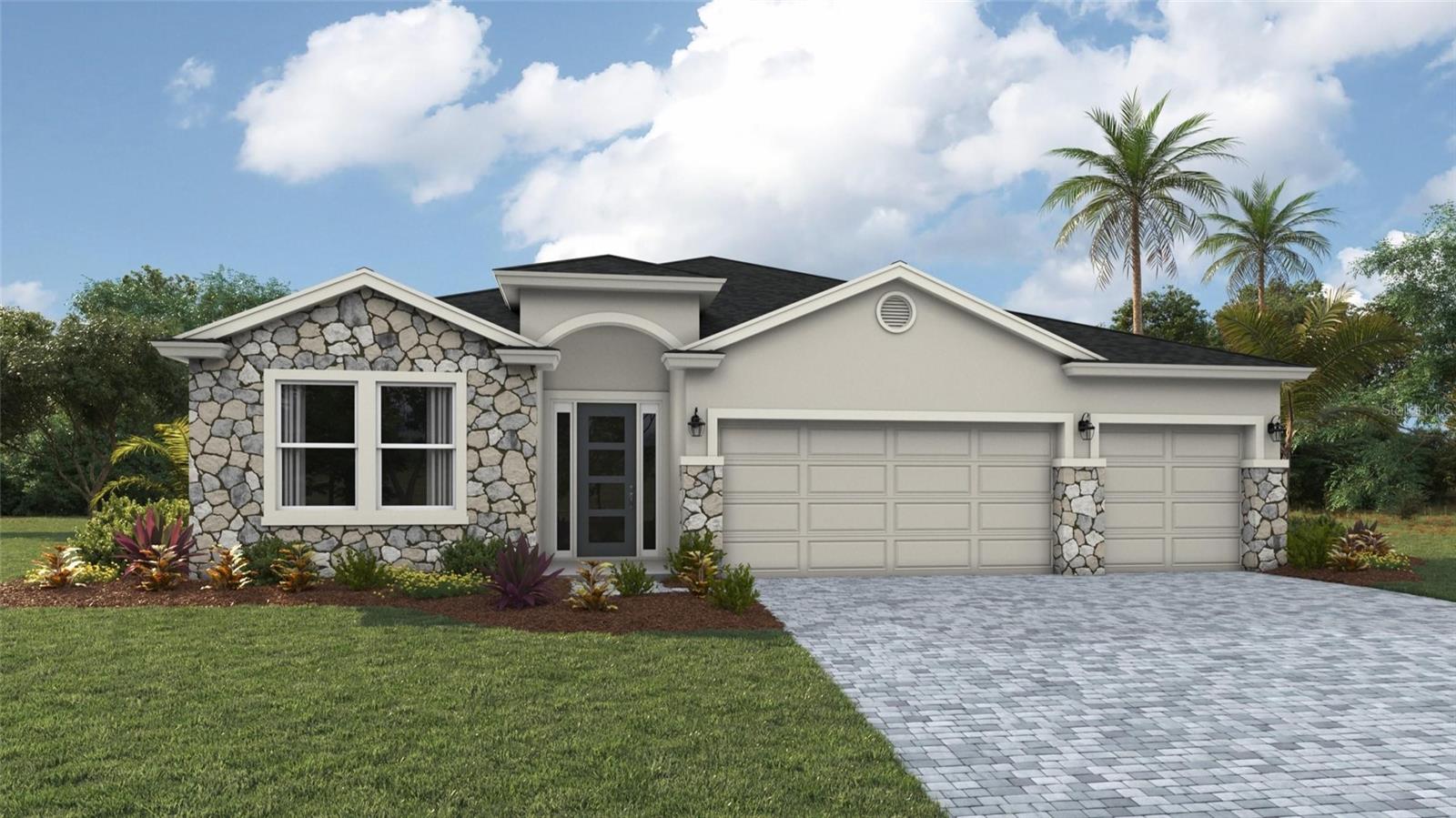Under Construction. ALL CLOSING COSTS PAID, PAY & SPECIAL INTEREST RATES WITH OUR PREFERRED LENDER NOW UNTIL SEPTEMBER 28TH. This one-story, all concrete block constructed home has a truly open concept plan, featuring a great room with dining space that flows into the kitchen and dinette. Two bedrooms at the front of the home share a full bathroom, while Bedroom 1 with an ensuite bath is located on the rear of the home for privacy, providing beautiful views of the backyard. The fourth bedroom next to the kitchen features its own ensuite bath and walk-in closet. This home includes an installed stainless-steel range, microwave, and dishwasher. Pictures, photographs, colors, features, and sizes are for illustration purposes only and will vary from the homes as built. Home and community information including pricing, included features, terms, availability, and amenities are subject to change and prior sale at any time without notice or obligation.