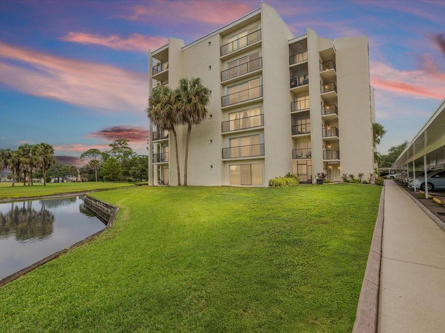 Wake up to breathtaking sunrises and unwind with magnificent sunset views in this stunning waterfront condo. Live the resort-style life at the all age 'Fairways in the Penthouse Greens' Community on East Bay CC Golf course. Nominal monthly HOA fee of $425 includes High-Speed Internet, Cable TV package, Secured Storage, Water/Sewer/Trash, Landscaping, Community Pool, Exterior Maintenance, 2 Club rooms, Reserves, and Community Insurance. Community is in a non flood zone and sustained no damage from the recent hurricanes! Huge open layout with a spacious living room, dining room, eat-in kitchen with closet pantry, large primary bedroom with generous on-suite bathroom and GIGANTIC walk-in closet. The secondary bedroom and hall bath are generous in size and perfect for guests. There is storage galore with separate walk-in storage closet and laundry room with full size washer and dryer. Largo is an amazing community close to EVERYTHING. Award winning beaches, airports, dining, shopping, sporting arenas and music venues are all in very close proximity. This stunning home is priced to sell!