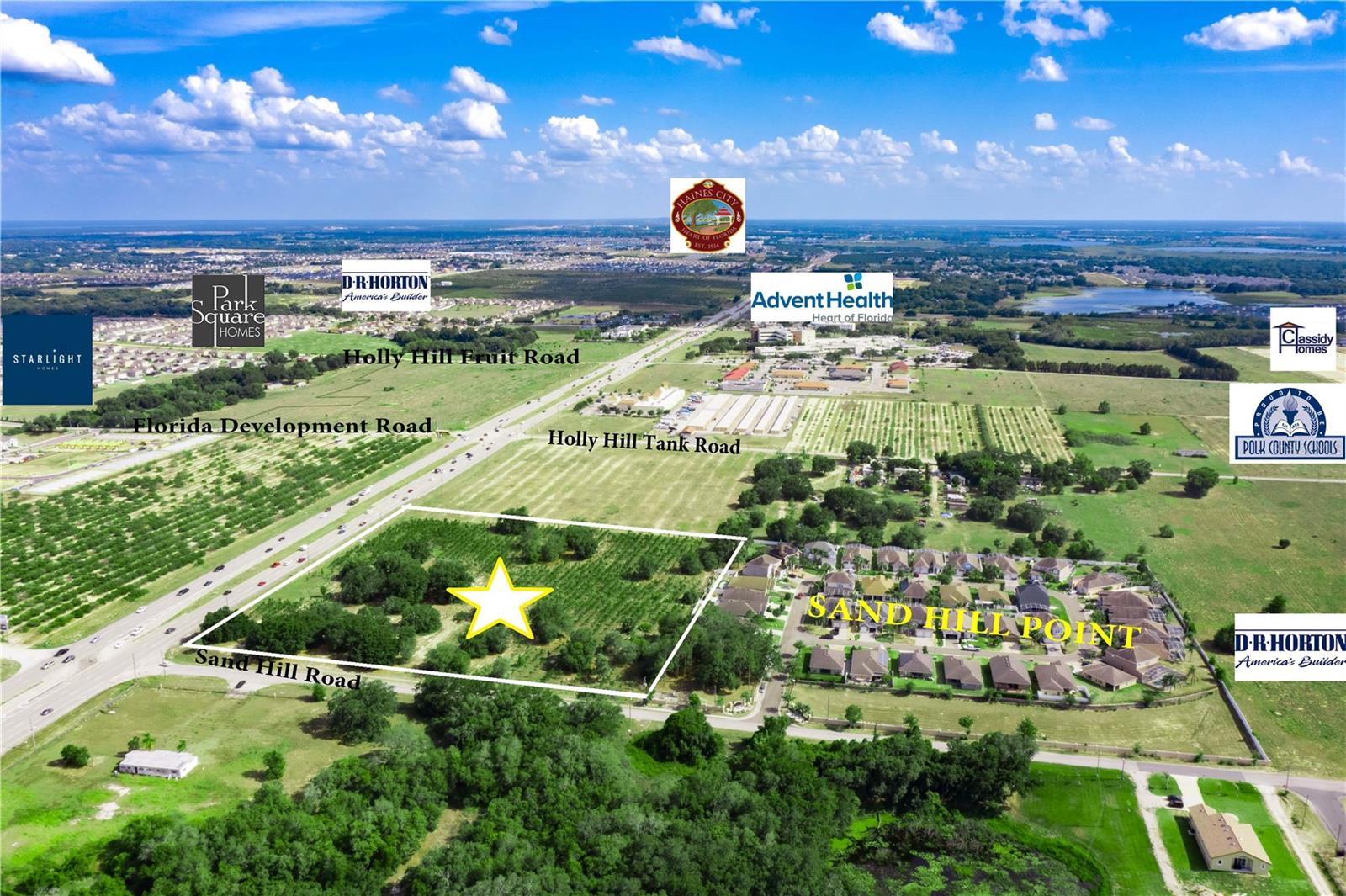 Sand Hill Crossings offers a developer 8.32+/- acres of Prime Real Estate in the fastest growth corridor of Polk County known as Davenport, FL. Opportunity presents a developer per Polk County Zoning varieties of Mixed usages from Storage, Restaurants, Hotel, Drive-thru, Pre-School, Medical, Office Park, etc. Polk County has seen the job market increase by 3.9% over the last year. S&P CoreLogic Case-Shiller U.S. National Home Price NSA Index reported a 19.2% annual gain in January – up from 18.9% in the previous month. National Track home builders such as Cassidy Homes, Lennar, DR. Horton, Pulte, Hanover, Park Square are acquiring and developing land throughout the corridor of HWY 27. Cassidy Homes has accumulated thousands of acres between Haines City & Davenport surrounding the 8.32+/acres. DR Horton community Feltrium Reserve currently selling entry level townhomes at $189K+. Cassidy also has nearly 3,000-homes in the works at the Crosswinds, which covers 603 acres and would eventually add 444 townhomes and 2,646 single-family homes to what is now vacant agricultural land. D.R. Horton says it will have homes there in the winter of 2023. New Developments are on the Rise as land is becoming scarce as the demand for homes in Florida continue to outpace developer’s inventory. Land sales are the highest and breaking records with bidding wars from developers across Florida and the globe. Rare opportunity to acquire one the fewest mixed-use pieces with over 600’ feet of frontage on HWY 27 abutting all the newest rising home developments.
