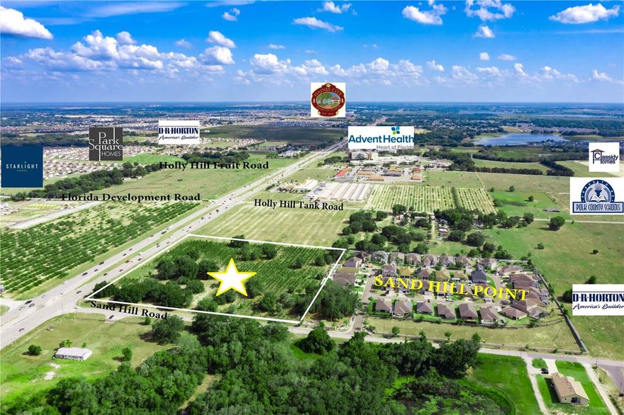 Sand Hill Crossings offers a developer 8.32+/- acres of Prime Real Estate in the fastest growth corridor of Polk County known as Davenport, FL. Opportunity presents a developer per Polk County Zoning varieties of Mixed usages from Storage, Restaurants, Hotel, Drive-thru, Pre-School, Medical, Office Park, etc.  Polk County has seen the job market increase by 3.9% over the last year. S&P CoreLogic Case-Shiller U.S. National Home Price NSA Index reported a 19.2% annual gain in January – up from 18.9% in the previous month. National Track home builders such as Cassidy Homes, Lennar, DR. Horton, Pulte, Hanover, Park Square are acquiring and developing land throughout the corridor of HWY 27. Cassidy Homes has accumulated thousands of acres between Haines City & Davenport surrounding the 8.32+/acres. DR Horton community Feltrium Reserve currently selling entry level townhomes at $189K+. Cassidy also has nearly 3,000-homes in the works at the Crosswinds,  which covers 603 acres and would eventually add 444 townhomes and 2,646 single-family homes to what is now vacant agricultural land. D.R. Horton says it will have homes there in the winter of 2023. New Developments are on the Rise as land is becoming scarce as the demand for homes in Florida continue to outpace developer’s inventory. Land sales are the highest and breaking records with bidding wars from developers across Florida and the globe. Rare opportunity to acquire one the fewest mixed-use pieces with over 600’ feet of frontage on HWY 27 abutting all the newest rising home developments.