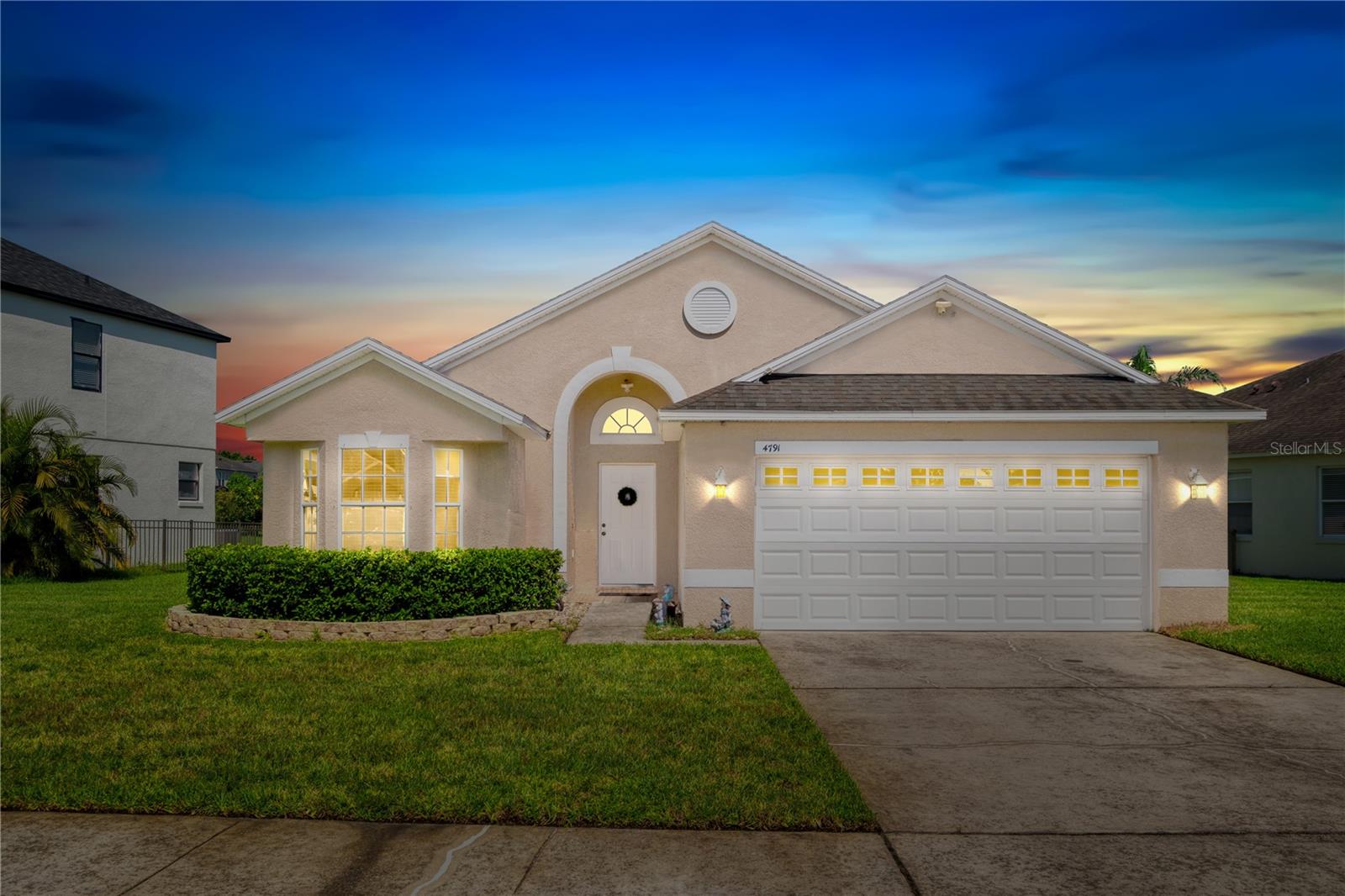 Beautifully maintained 4-bedroom, 2-bath, move-in ready home with a 2-car garage, situated on one of the largest lots in this sought-after community! This light and bright water-view home features an open split-bedroom floor plan with vaulted ceilings and stunning views that offer breathtaking sunsets. The spacious primary bedroom includes a large walk-in closet and plenty of natural light. The kitchen and bathrooms feature ceramic tile, while upgraded laminate flooring runs throughout the rest of the home, just 2 years old. The interior has been recently painted, giving the space a fresh and modern feel. Additional highlights include solid surface countertops, upgraded wood cabinets, hurricane shutters, and an eat-in kitchen. The community offers great amenities such as a pool and playground, and the home is ideally located near major highways, shopping, UCF, Lake Nona’s Medical City, and Orlando International Airport. Comfort, convenience, and scenic views come together to make this home a must-see!