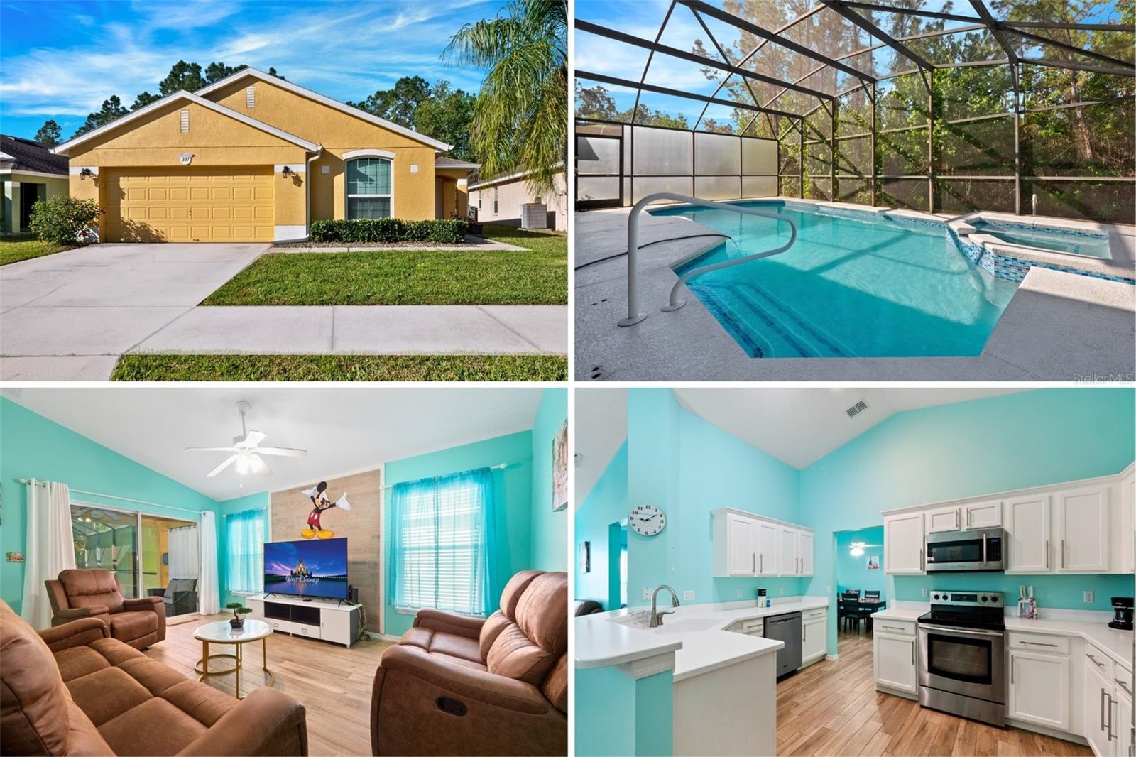 Beautifully updated 4-bedroom, 3-bath home in the sought-after Sandy Ridge community! This move-in ready property is being sold fully furnished and showcases a resurfaced pool and heated spa (2022) with privacy screens, no rear neighbors, and a peaceful conservation view, plus a brand-new roof (2021) for worry-free living. Inside, the open layout features two master suites on opposite sides of the home, an upgraded kitchen with wood cabinets, Corian-style counters, and stainless steel appliances, along with formal living and dining rooms for entertaining. Thoughtful upgrades include quartz bathroom countertops (2020), a Culligan water softener (2022), ceramic wood-look floors throughout (no carpet), vaulted ceilings, modern lighting, and window film for added efficiency. The primary suite offers direct pool and spa access through a covered lanai with a convenient pool bath. Additional highlights include extra storage in the master closet and laundry room, a spacious two-car garage, and HOA dues of just $108/month covering basic cable, internet, and playground upkeep. Super clean and well-maintained, this home is perfect as a short-term rental or full-time residence. Ideally located close to Champions Gate, Disney, Posner Park, Publix, shopping, dining, and just minutes to I-4 for quick access to Orlando, Tampa, and all Central Florida attractions. Schedule your showing today! This one won't last long!